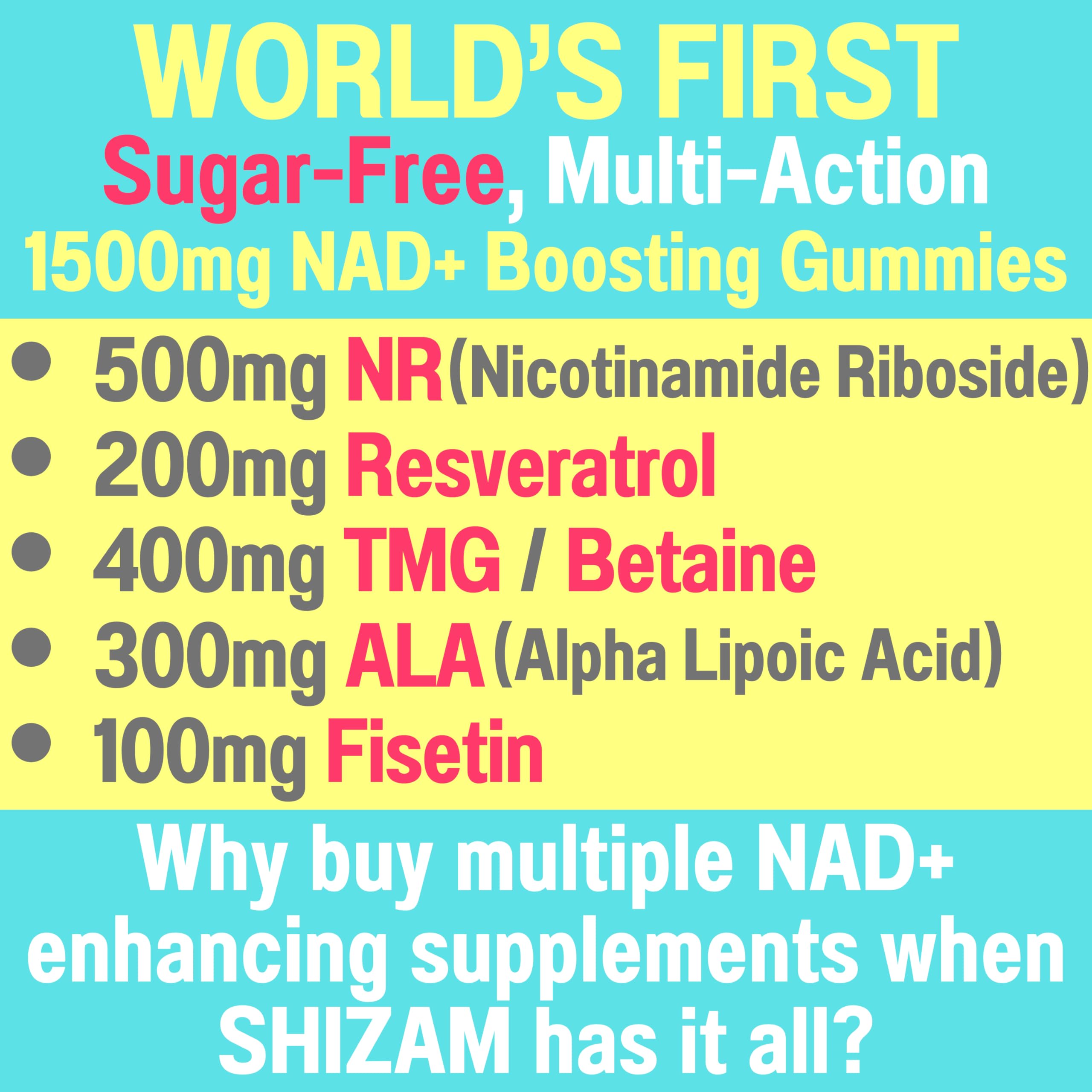 1500mg NAD+ Sugar Free Gummies | NAD + Plus NR TMG ALA Trans-Resveratrol Fisetin Supplements | Nicotinamide Riboside Trimethylglycine Alpha Lipoic Acid Betaine Pills Capsules Tincture Supplement Alt SHIZAM buy supplements canada