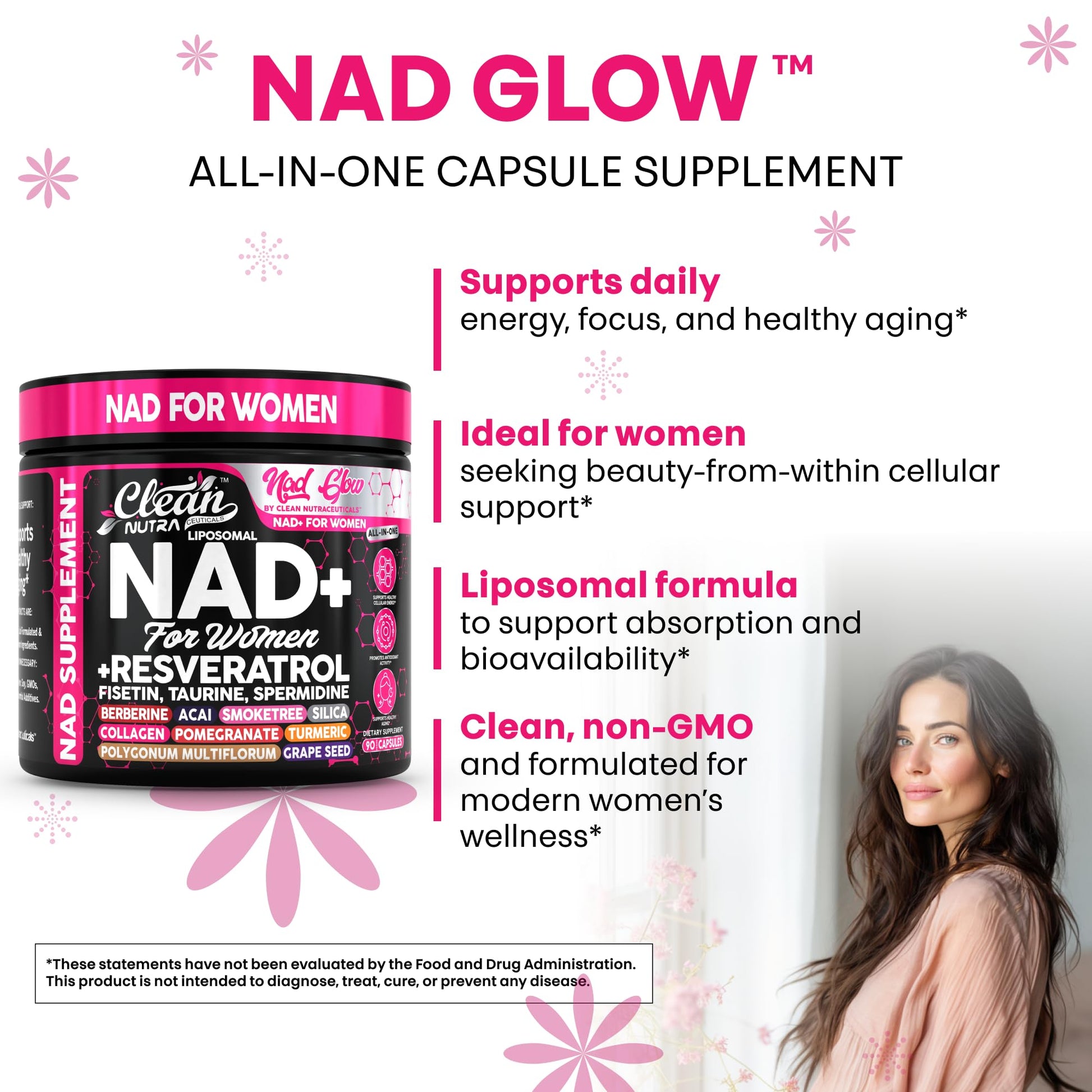 NAD+ Resveratrol Supplement for Women NAD Turmeric Vitamin C Acai Pomegranate Collagen Peptides Nicotinamide Riboside Fisetin Vitamin E Polygonum Multiflorum Berberine 90 Capsules by Clean Nutra Clean Nutraceuticals buy supplements canada