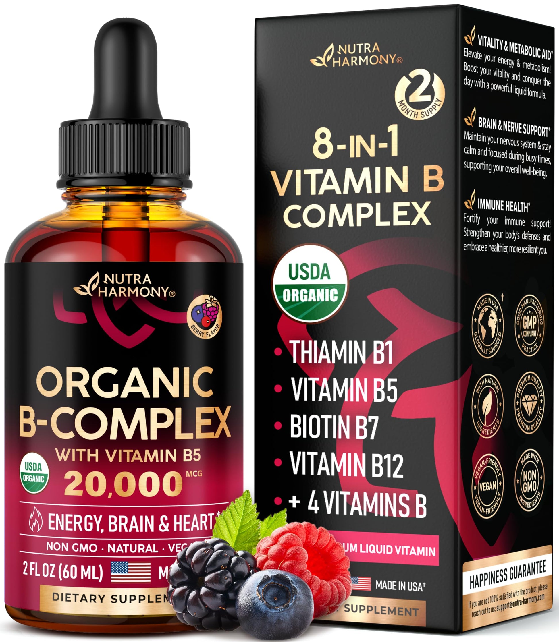 USDA Organic Vitamin B Complex Liquid Drops - 8-in-1 B Complex Vitamins: B1, B2, B3, B5 NUTRAHARMONY buy supplements canada
