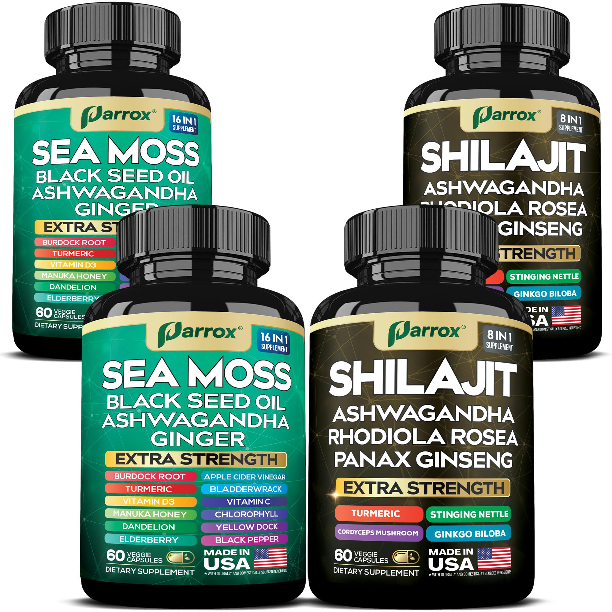 Parrox Shilajit and Sea Moss Bundle, Sea Moss 350mg, Black Seed Oil 200mg, Ashwagandha 100mg, Turmeric, Shilajit 300mg, Rhodiola Rosea 100mg, Panax Ginseng 50mg, Dynamic Vitality Bundle (2 Pack) Parrox buy supplements canada