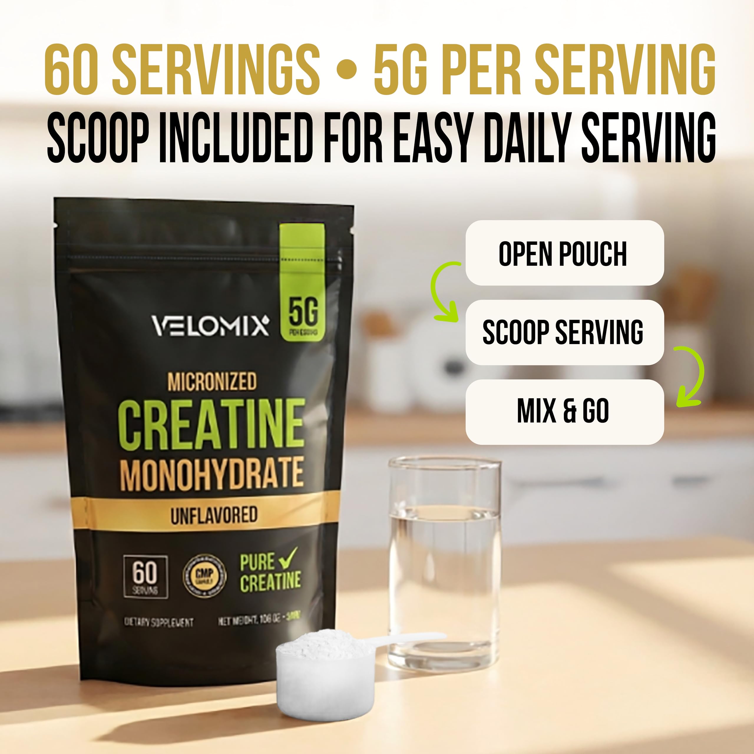 VELOMIX Micronized Creatine Monohydrate Powder - 100% Pure Creatine Powder Unflavored and Easy to Mix | Supports Muscle Growth, Recovery, and Strength | 5000mg Per Serv (5g) - 60 Servings VELOMIX buy supplements canada