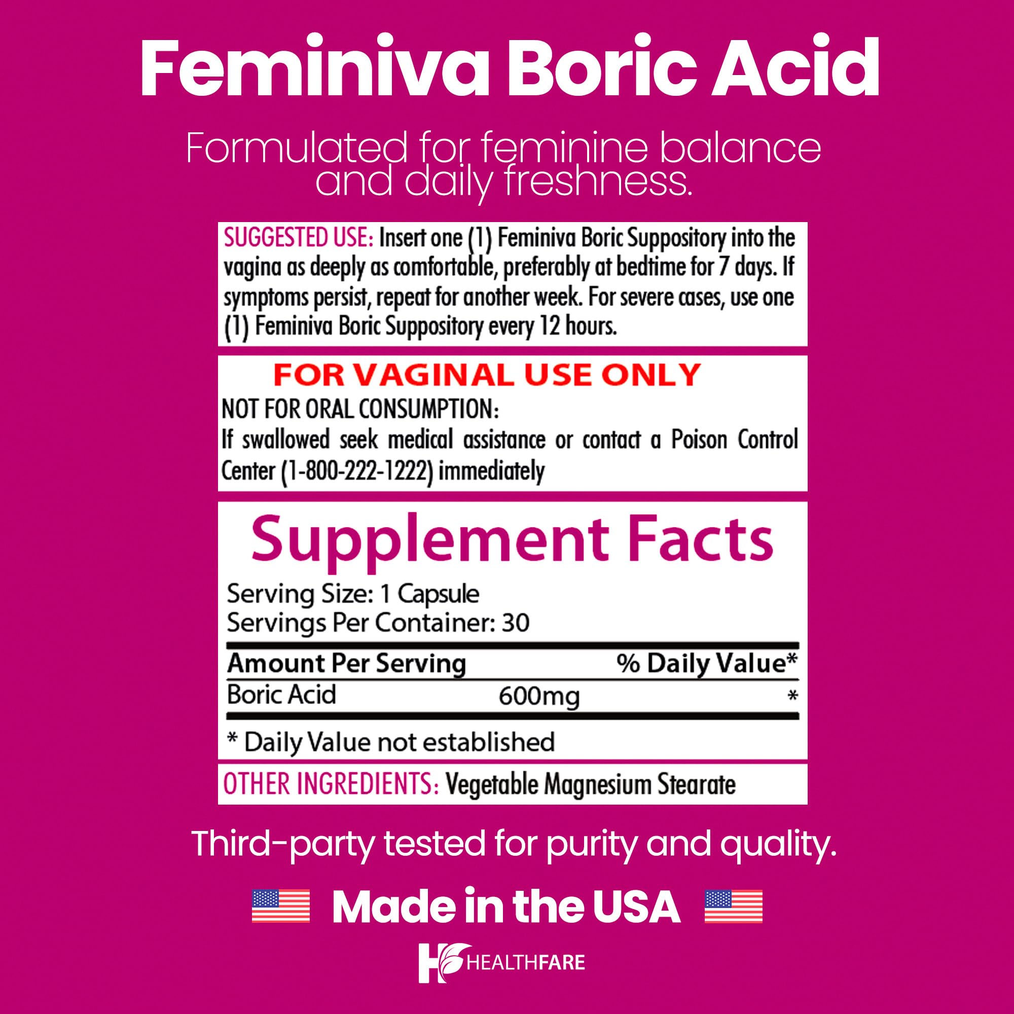 Healthfare Feminiva Boric Acid Suppositories | 2-Pack | 30 Vaginal Suppositories Each | 600mg | 100% Pure | Made in The USA Healthfare buy supplements canada