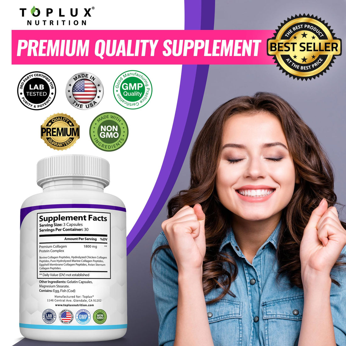 Toplux Multi Collagen Peptides Pills 1800 Mg Complex - Type I, II, III, V, X Premium Collagen Complex for Better Skin & Hair, Strong Joint, Hydrolyzed Protein Toplux buy supplements canada