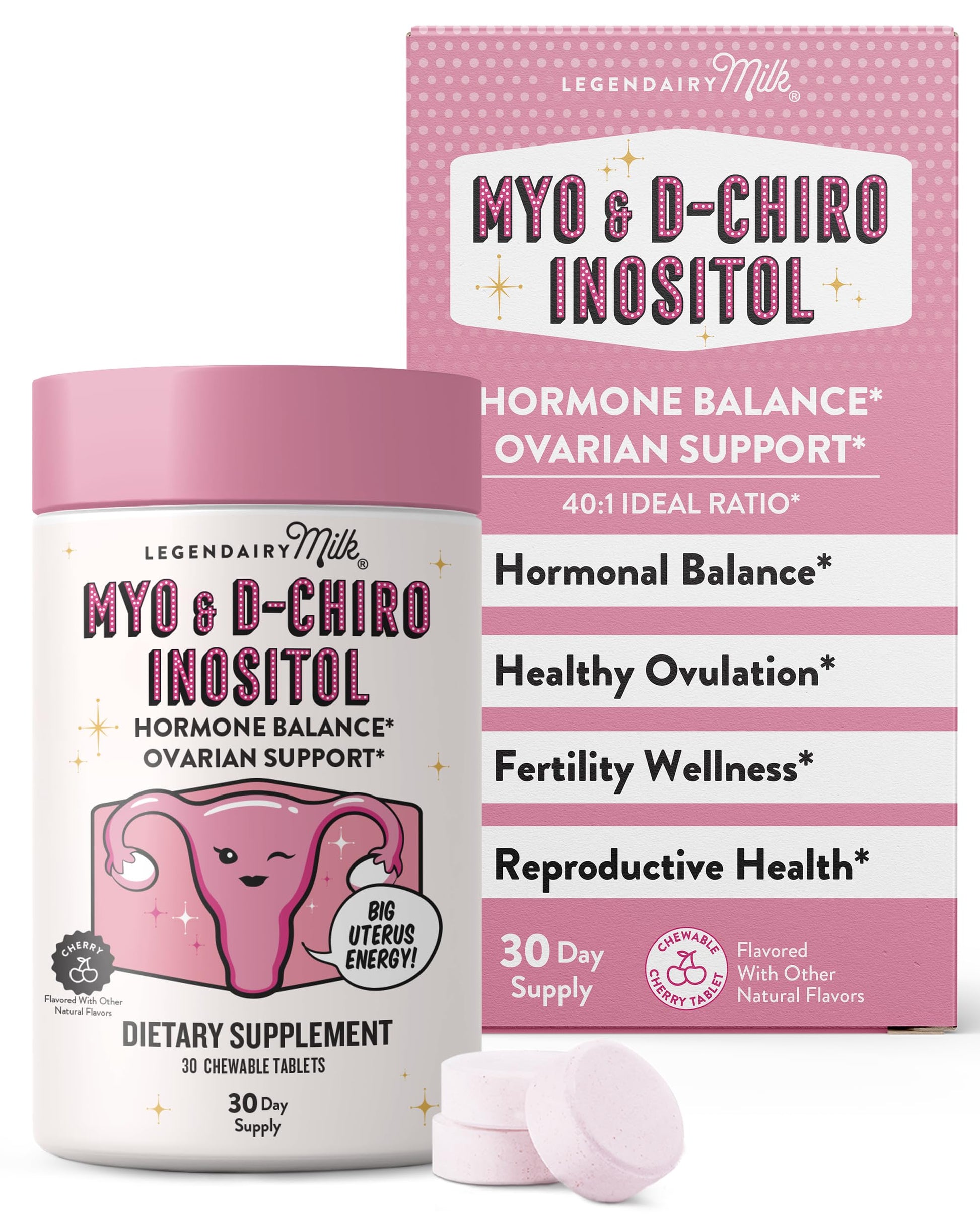 Legendairy Milk Myo-Inositol & D-Chiro Inositol Supplement for Women, 40:1 Ratio, PCOS & Fertility Support, Hormone Balance, Sugar Free Vegan Chewable Tablets, Cherry Flavor, 30 Day Supply Legendairy Milk buy supplements canada