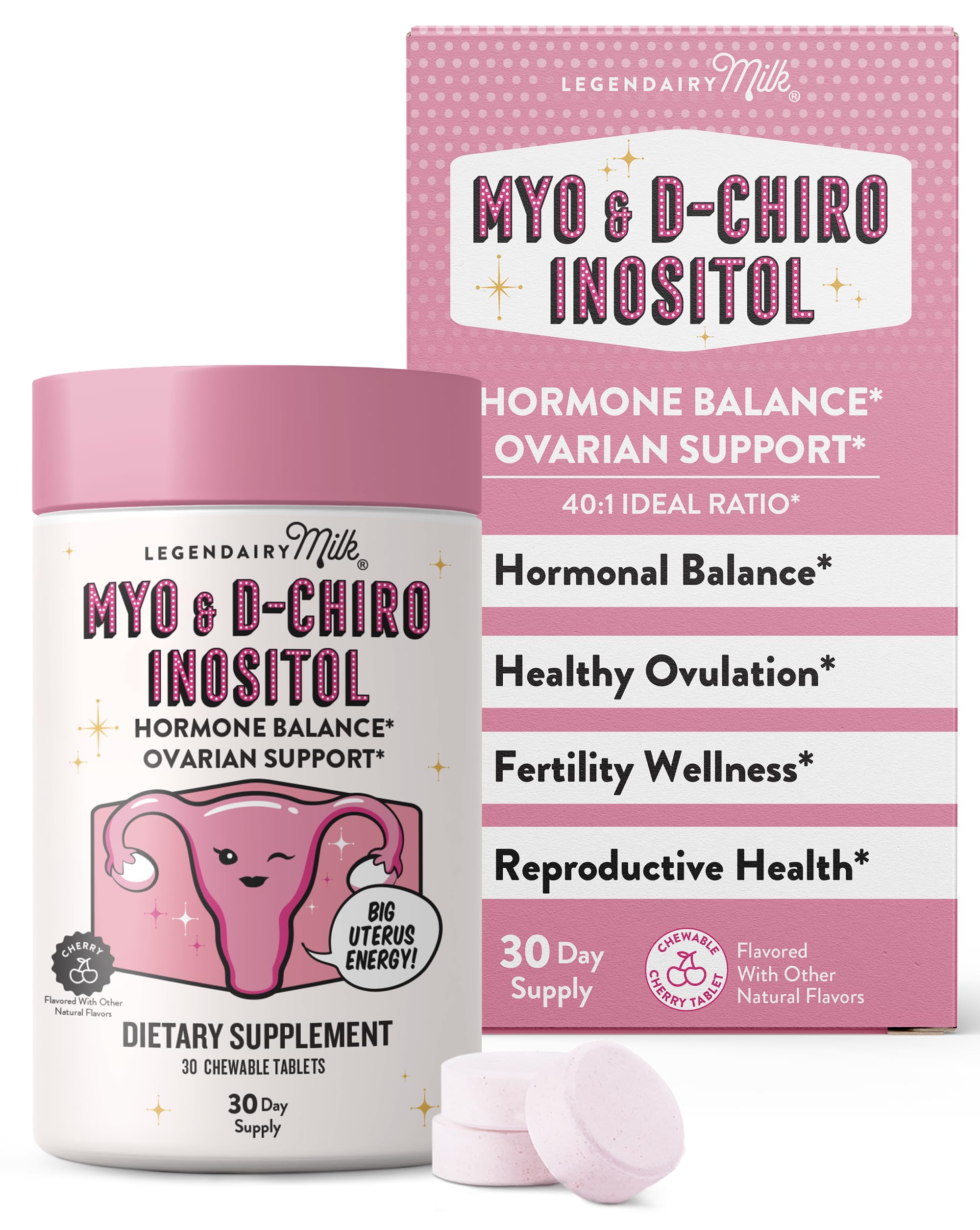 Legendairy Milk Myo-Inositol & D-Chiro Inositol Supplement for Women, 40:1 Ratio, PCOS & Fertility Support, Hormone Balance, Sugar Free Vegan Chewable Tablets, Cherry Flavor, 30 Day Supply Legendairy Milk buy supplements canada