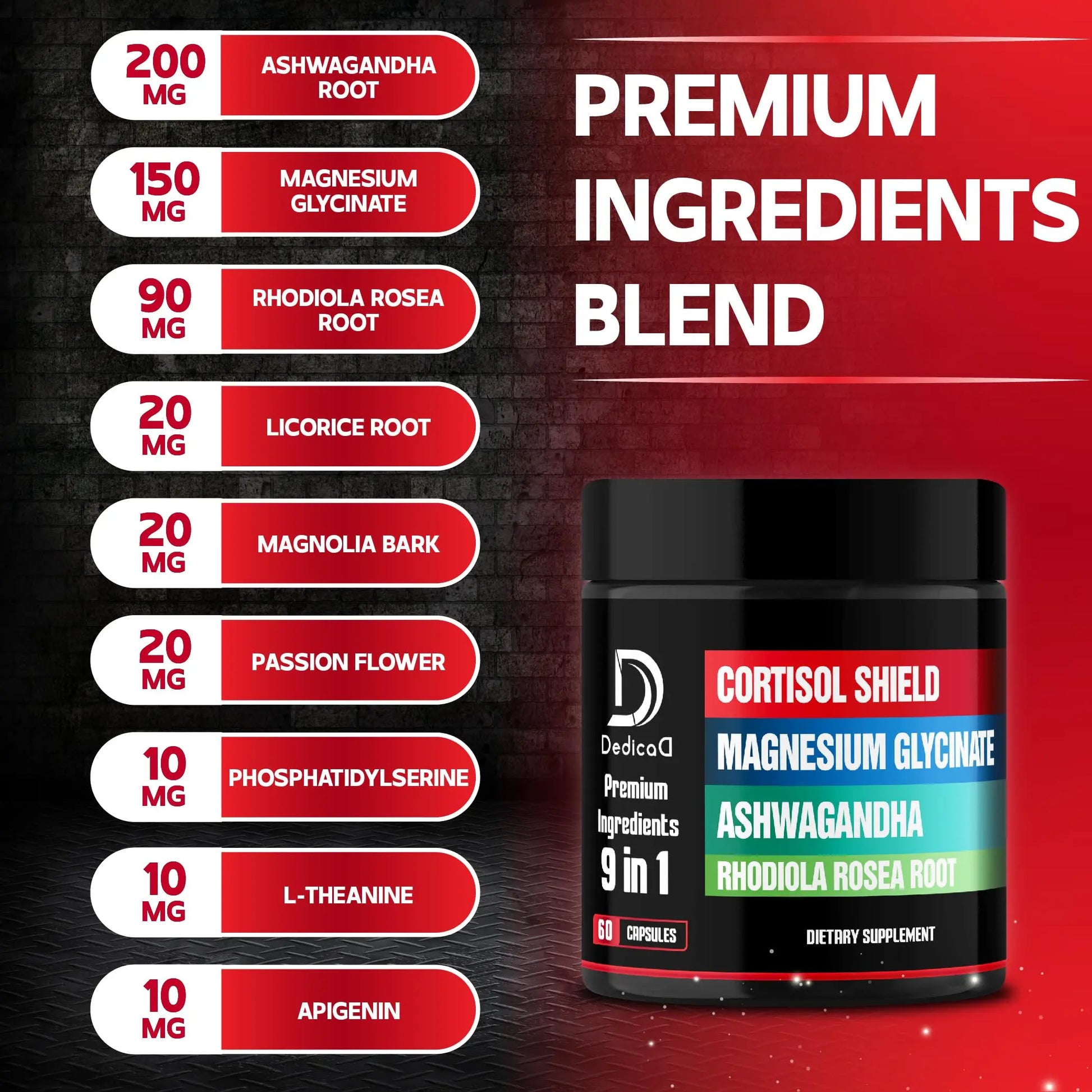 DEDICAD 9in1 Cortisol Shield - Magnesium Glycinate & Ashwagandha with Rhodiola, Phosphatidylserine, Passion Flower, L-Theanine, Apigenin, Licorice, Magnolia - Rest Well & Mood Balance - 60 Count DEDICAD buy supplements canada