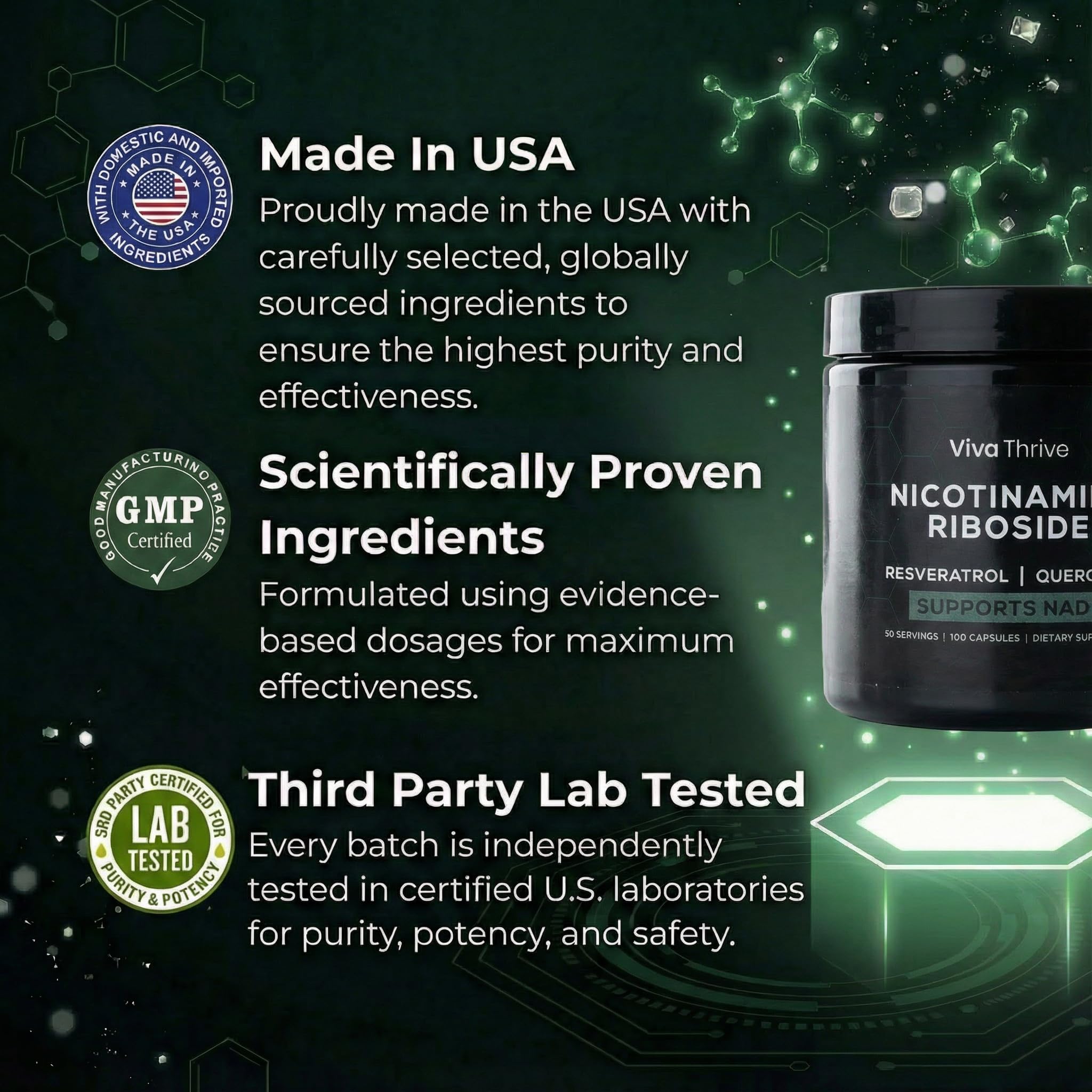 VivaThrive Advanced NAD+ Complex - NMNH Supplement Alternative - 50 Day Supply - Triple Action NAD+ Supplement - Nicotinamide Riboside - Resveratrol - Quercetin - Third-Party Tested - Made in USA VivaThrive buy supplements canada