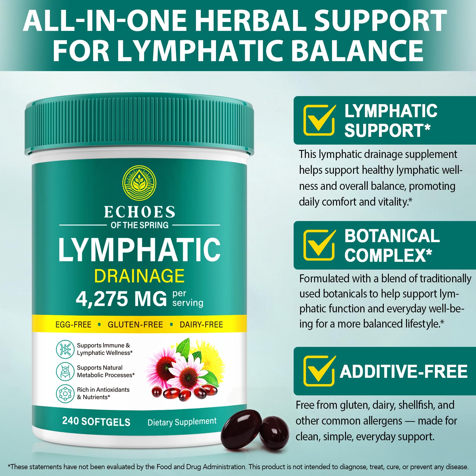 Lymphatic Drainage Supplements, 4275mg Lymph System Support Supplement for Women & Men, Daily Wellness Support, 21-in-1 Herbal Blend with Echinacea, Dandelion, Burdock, Turmeric & More, 240 Softgels Echoes of the spring buy supplements canada