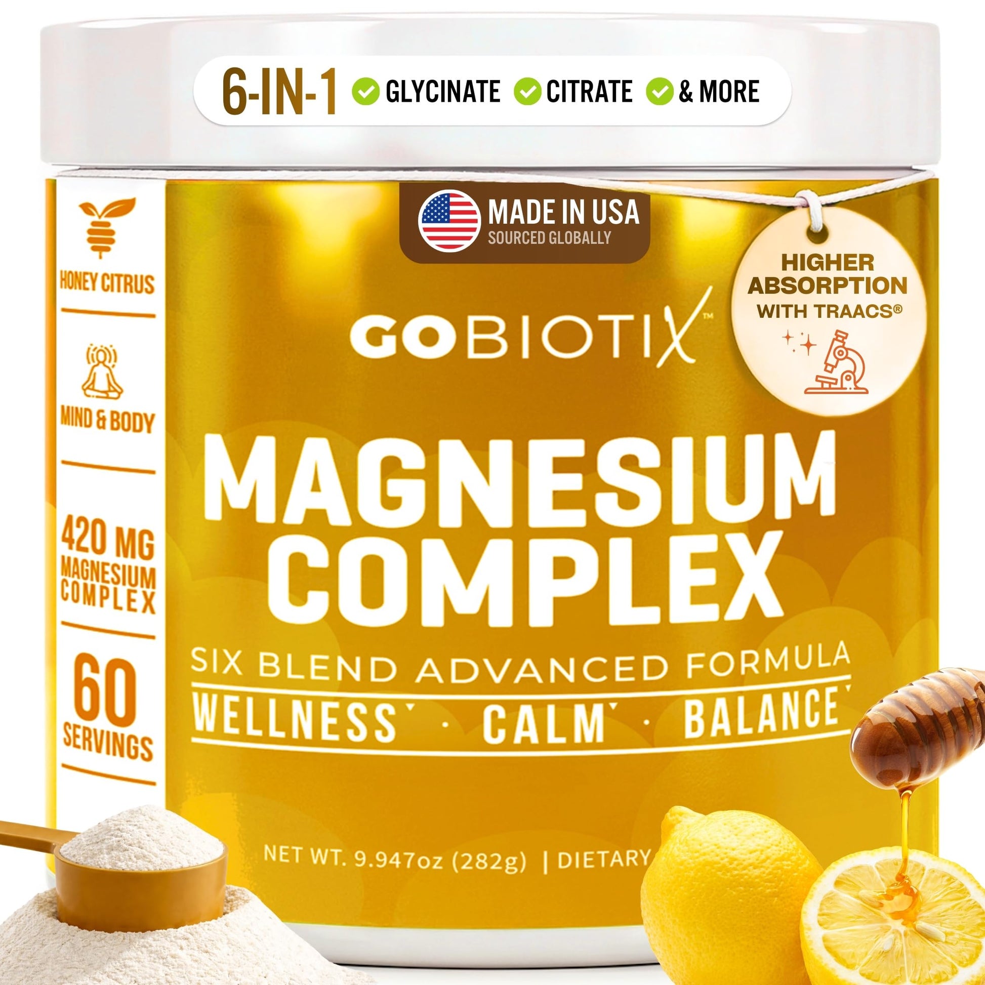 GoBiotix Magnesium Glycinate Powder – Cortisol Supplements for Women and Men – High Absorption Magnesium Complex Calm Supplement with Citrate, Malate – Sugar Free – 420 mg, 60 Servings - Honey Citrus GOBIOTIX buy supplements canada