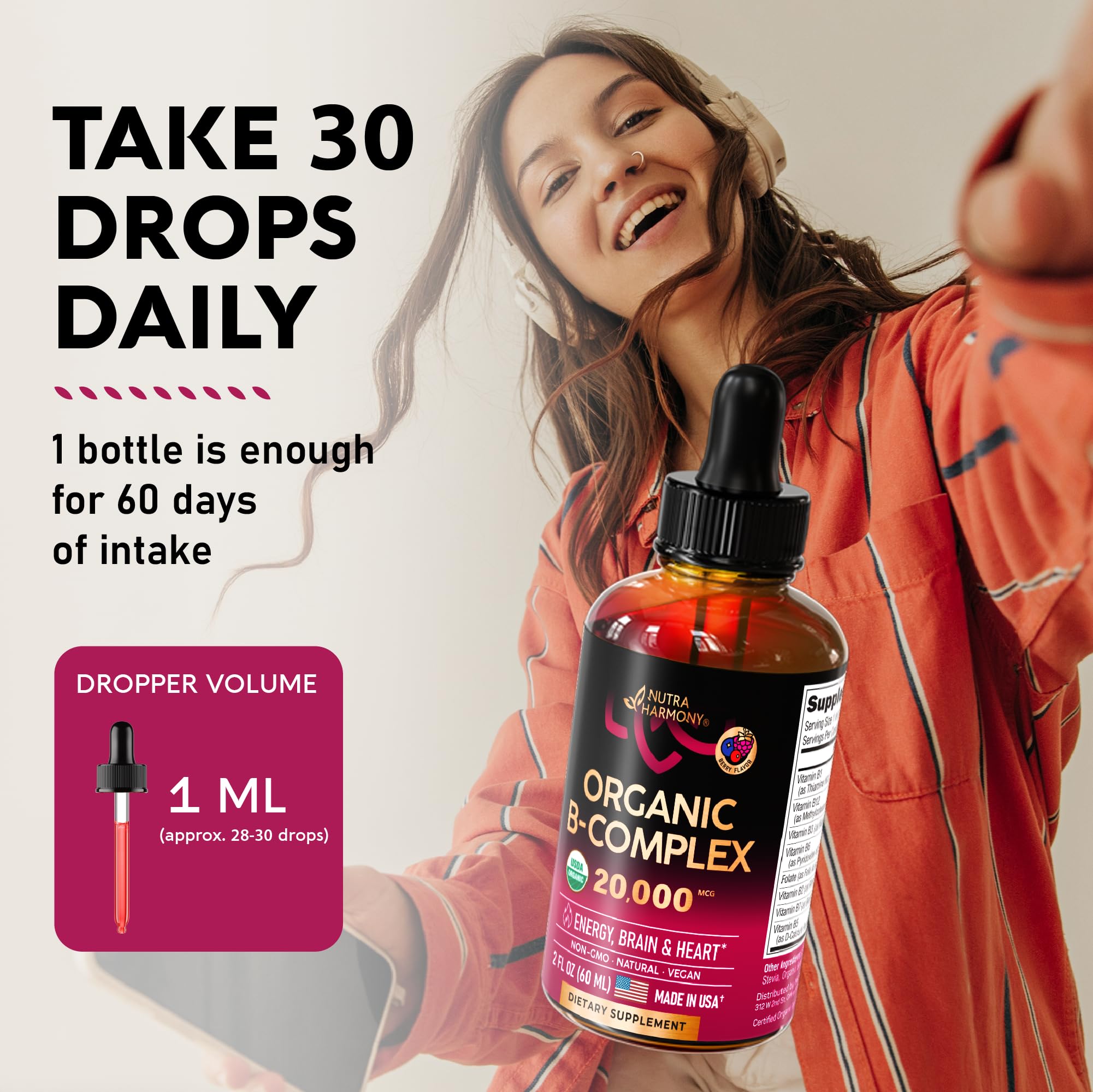 USDA Organic Vitamin B Complex Liquid Drops - 8-in-1 B Complex Vitamins: B1, B2, B3, B5 NUTRAHARMONY buy supplements canada