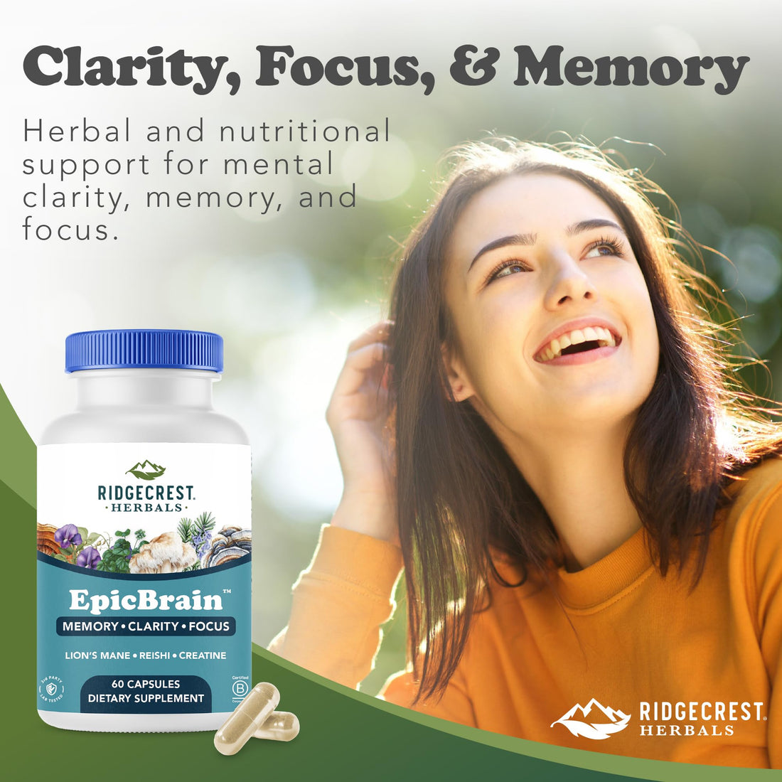 RidgeCrest Herbals EpicBrain, Natural Brain Support Supplement with Creatine Monohydrate, Lion's Mane, Reishi, Supports Mental Clarity, Memory, Focus, Stimulant-Free Nootropic (60 Count, 30 Servings) RidgeCrest Herbals buy supplements canada