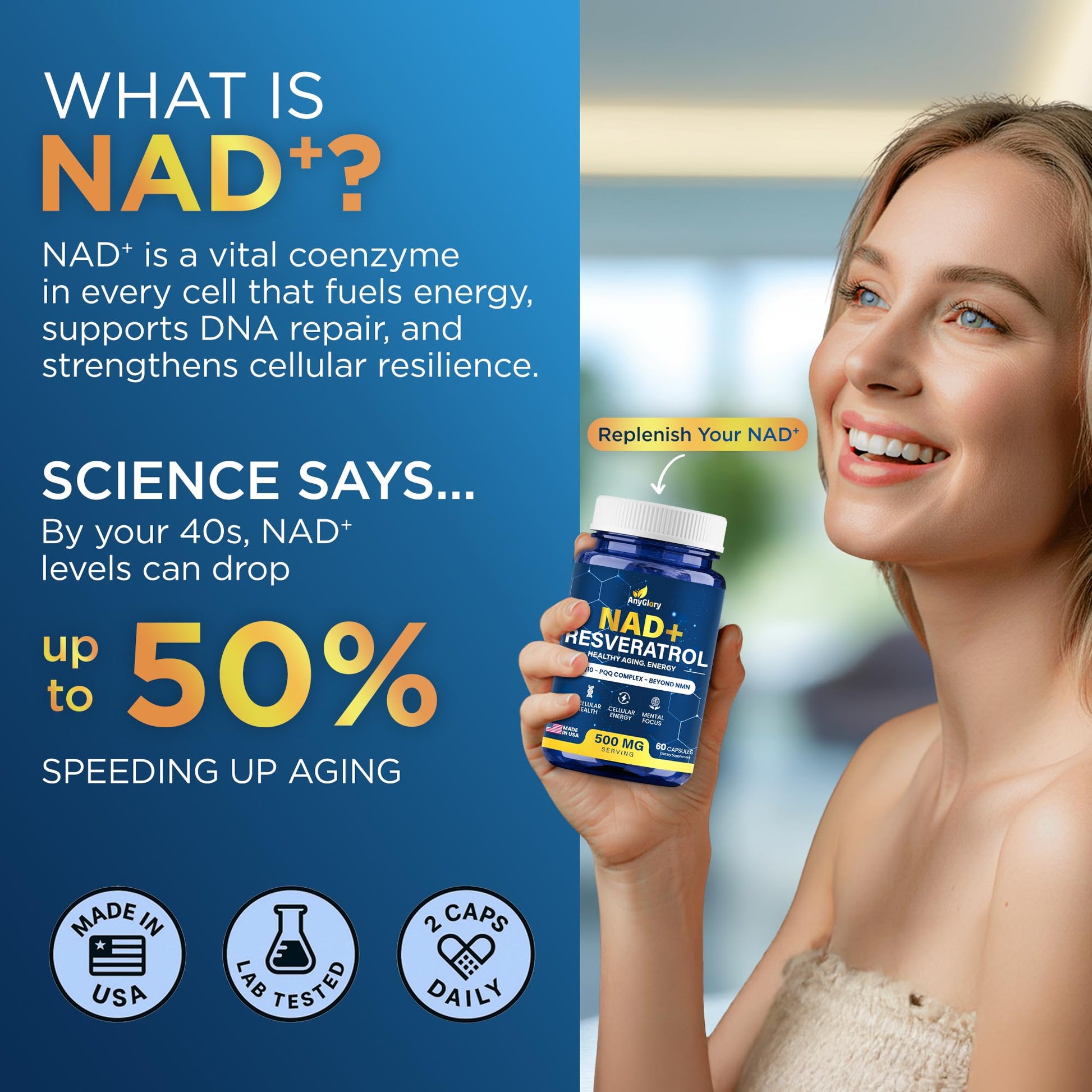 Anyglory NAD+ Supplement with 500mg NR, Resveratrol, CoQ10, PQQ- 5-in-1 NAD Formula |NMN Supplement Alternative|NAD Resveratrol Support Cellular Energy & Healthy Aging-Made in USA-60 Capsules Anyglory buy supplements canada