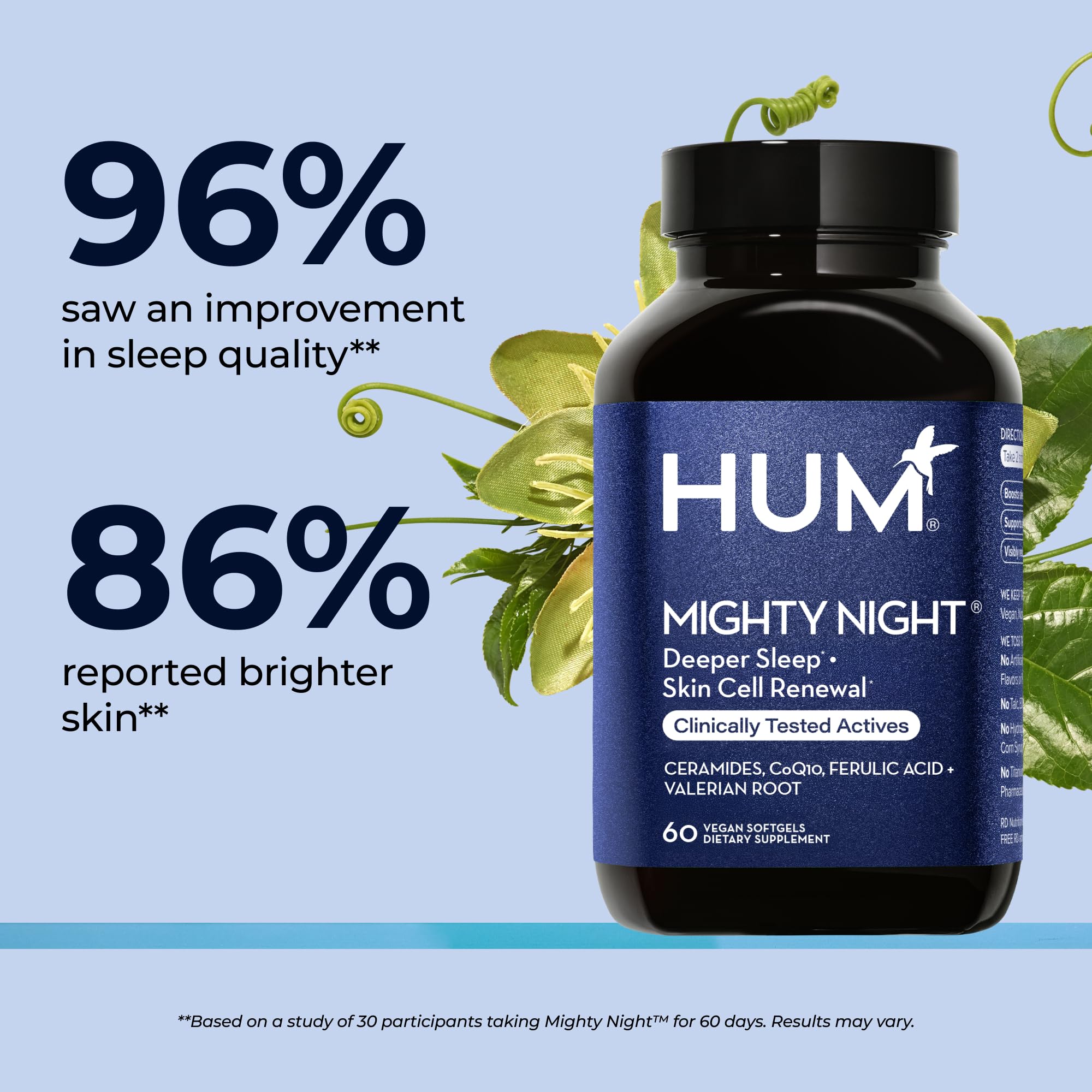 HUM Mighty Night Nighttime Sleep Supplement for Skin Care, CoQ10, Valerian Root & Ferulic Acid to Support Cell Turnover, Skin Vitamins for Women and Men, Overnight Beauty Vitamins, 60 Vegan Softgels HUM buy supplements canada