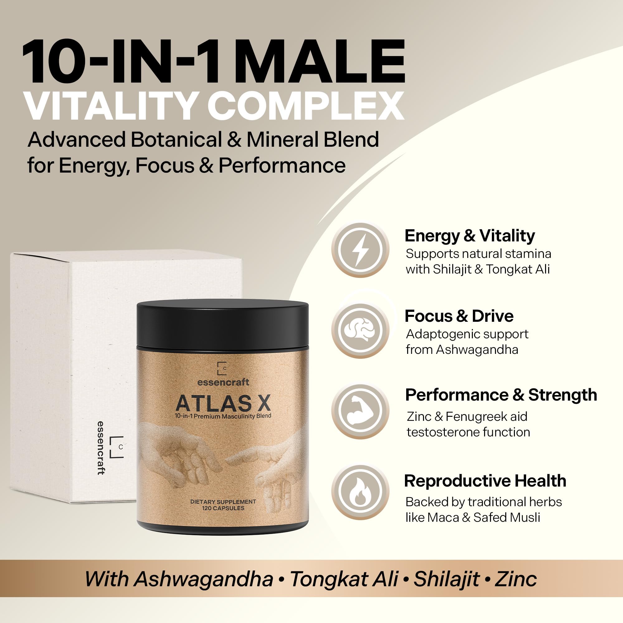 Essencraft Atlas X Testosterone Supplement for Men – 10-in-1 Natural Testosterone Booster & Muscle Booster w/Shilajit, Zinc, Tongkat Ali, & More (120 Capsules) Essencraft buy supplements canada