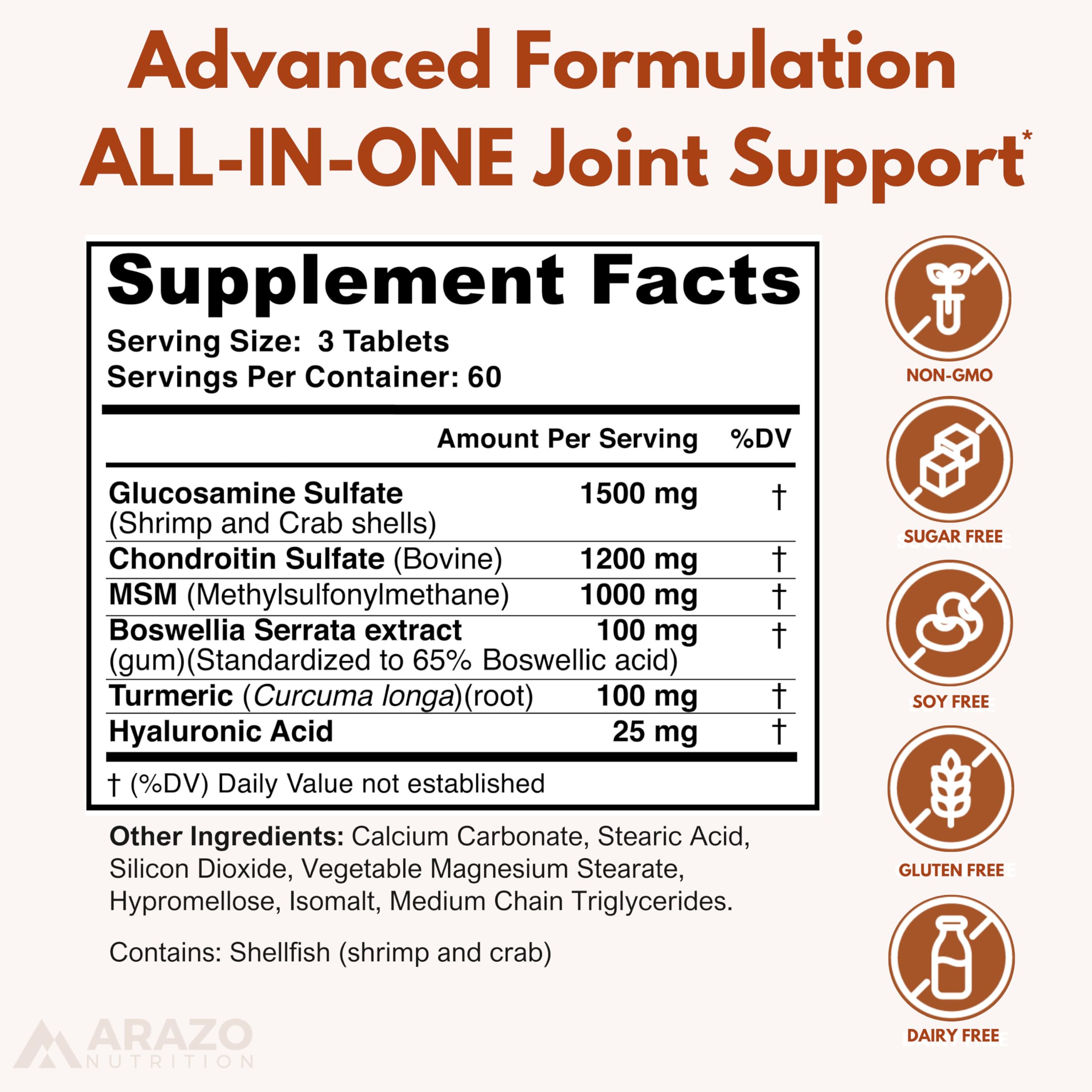 Arazo Nutrition Glucosamine Chondroitin Turmeric Msm Boswellia - Joint Support Supplement for Relief 180 Tablets for Bones, Back, dailyvitalstore buy supplements canada