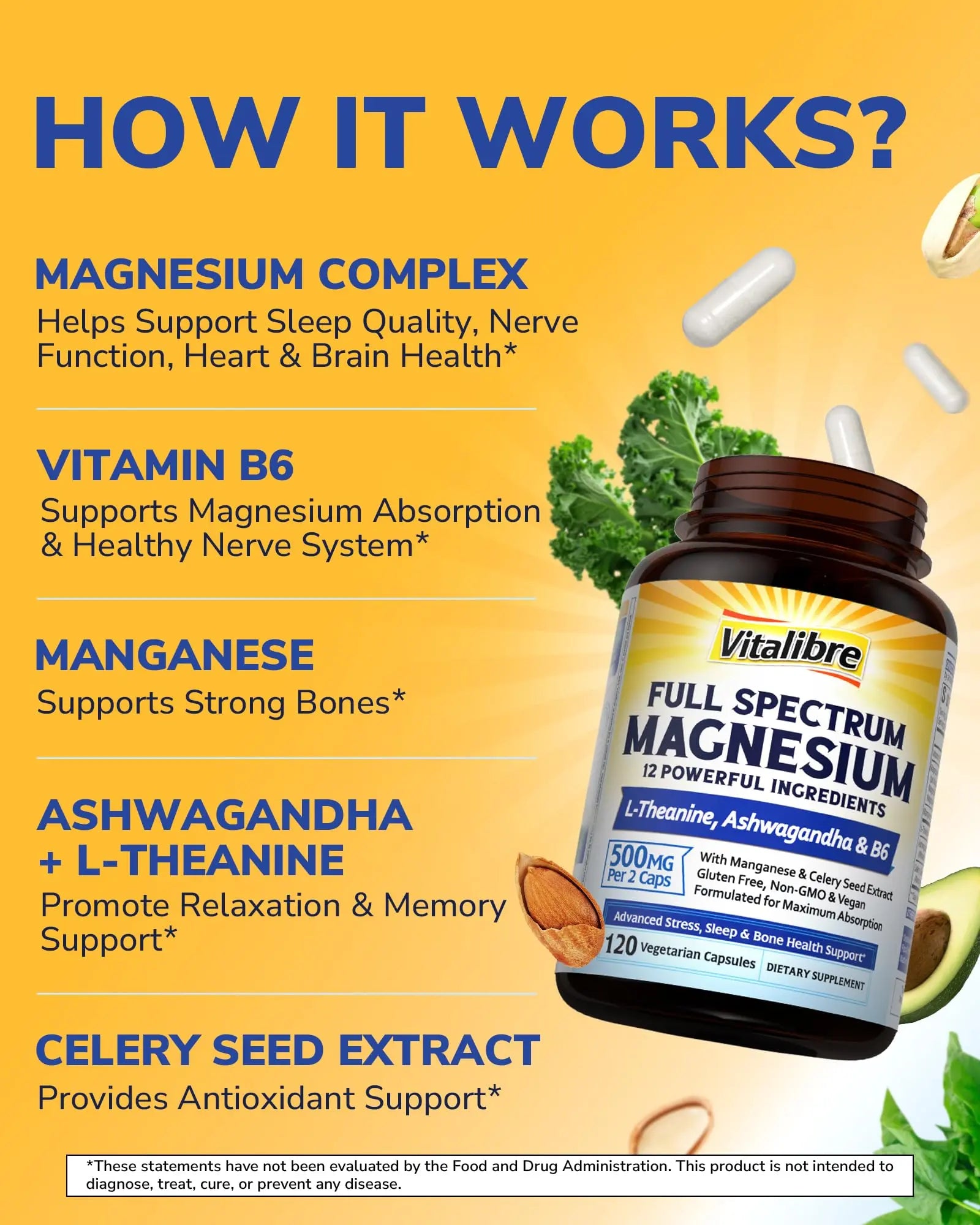 Vitalibre Magnesium Complex Supplement 500mg + Ashwagandha, L-Theanine, Vitamin B6 & Celery, High Absorption Magnesium Glycinate, Citrate, Malate, Sleep & Bone Support, 120 Vegan Capsules Vitalibre buy supplements canada