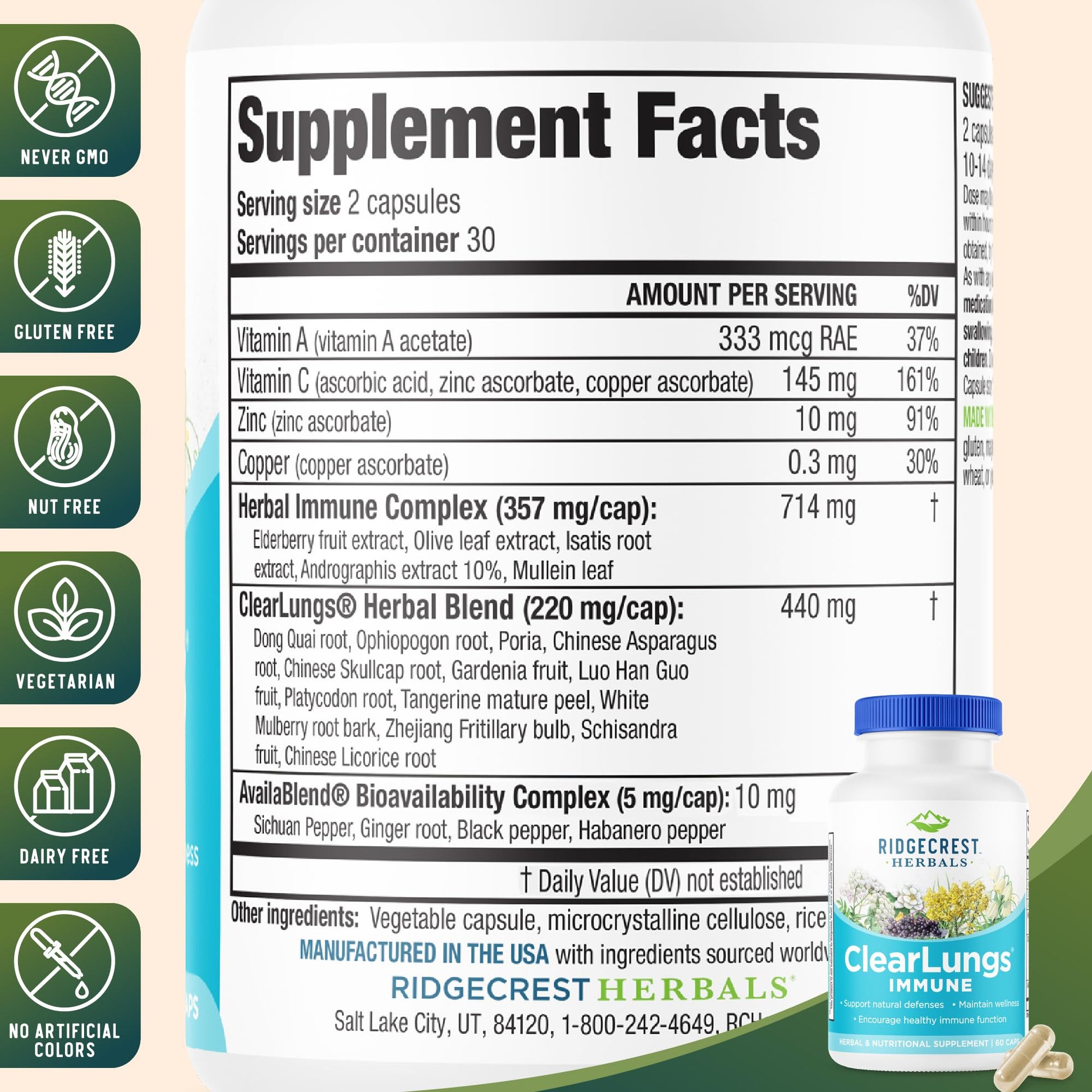 RidgeCrest Herbals ClearLungs Immune, Lung Support Supplement with Elderberry, Zinc, Vitamin C, Vitamin A, Olive Leaf, Mullein, Lung Wellness Formula for Respiratory Health (60 Vegan Caps, 30 Serv) RidgeCrest Herbals buy supplements canada