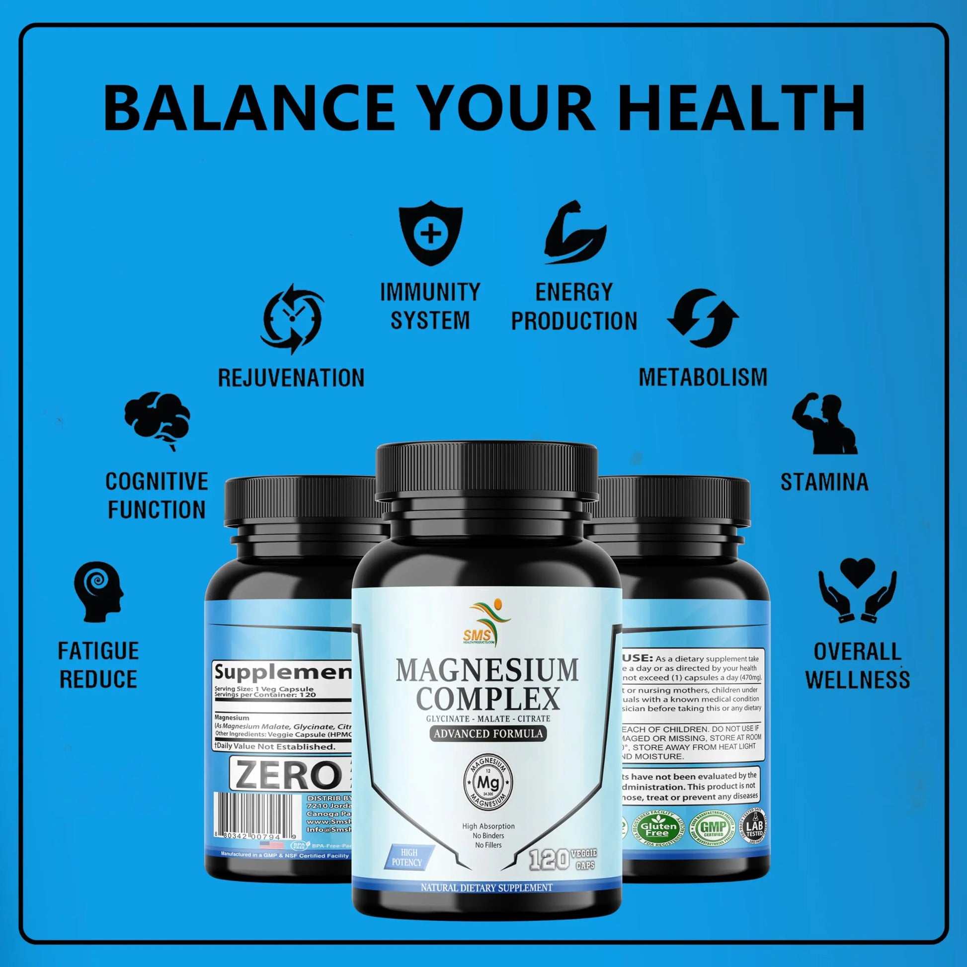 SMSHEALTHPRODUCTS.com Magnesium Complex | 470mg of Magnesium Glycinate, Malate, & Citrate for Muscles, Nerves, & Energy | High Absorption | Vegan, Non-GMO | 120 Capsules SMSHEALTHPRODUCTS.com buy supplements canada