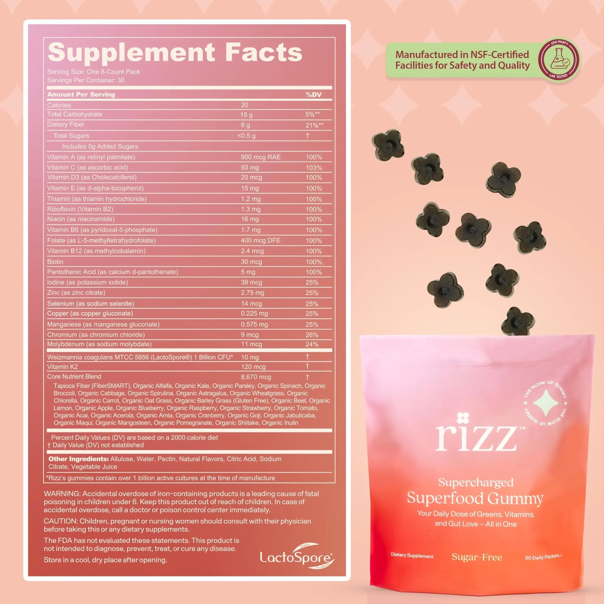 Rizz Sugar-Free Green Gummies - 60+ Superfoods 6g Fiber - Prebiotic and Probiotic Gummies - Vegan Multivitamins for Women & Men Rizz buy supplements canada