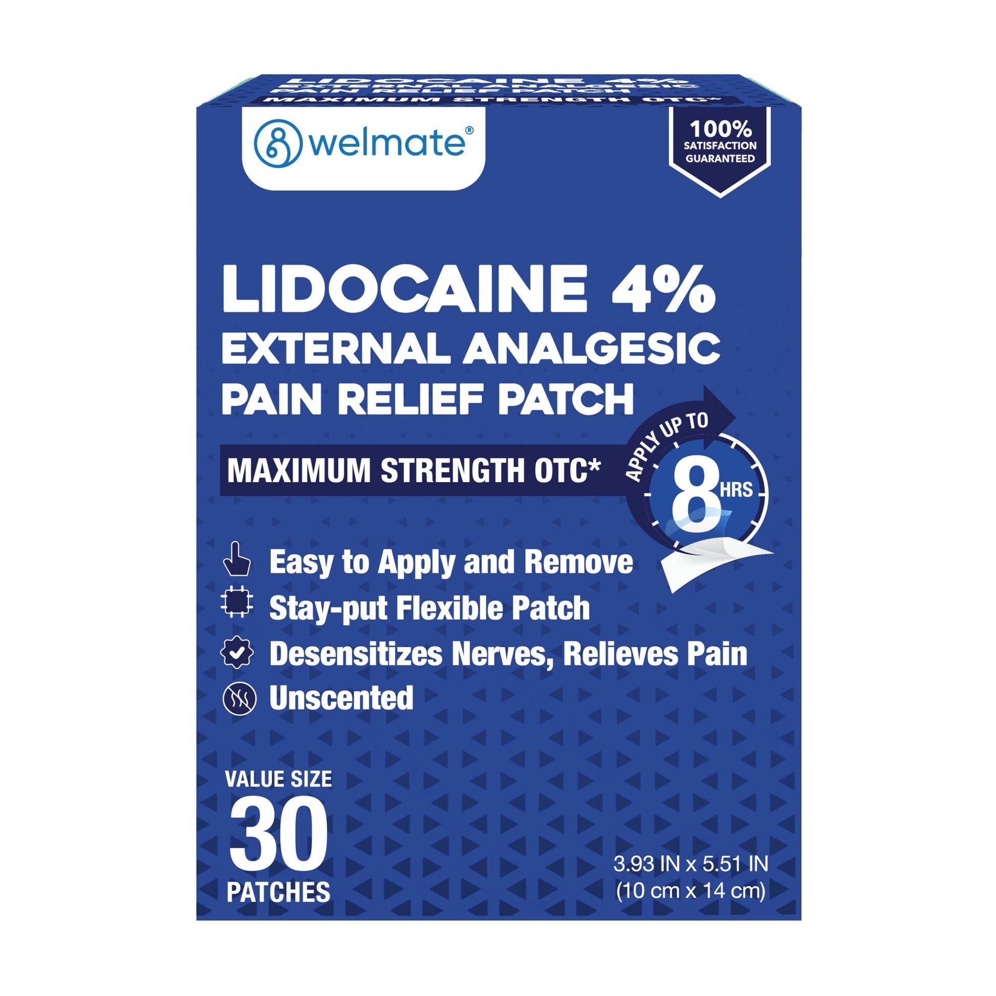 WELMATE - 4% Lidocaine Numbing Patch - Maximum Strength - Temporary Relief of Pain, Back, Neck, Shoulders, Knees, Elbows, Minor Skin Irritations - Topical Analgesic Unscented - 30 ct WELMATE buy supplements canada