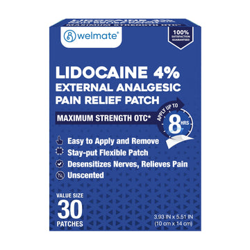 WELMATE - 4% Lidocaine Numbing Patch - Maximum Strength - Temporary Relief of Pain, Back, Neck, Shoulders, Knees, Elbows, Minor Skin Irritations - Topical Analgesic Unscented - 30 ct WELMATE buy supplements canada