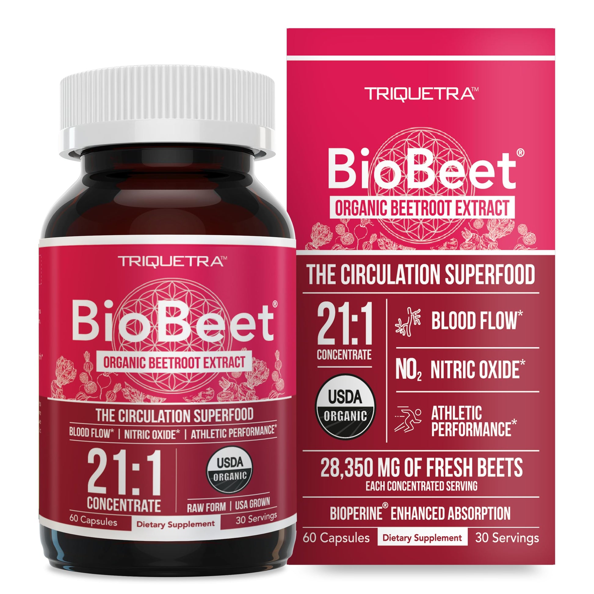 BioBeet® Max Strength Beet Root Capsules - 21:1 Concentrate, Each Serving Derived from 28,350 mg Organic Beetroot - Absorption Enhancement Triquetra Health buy supplements canada