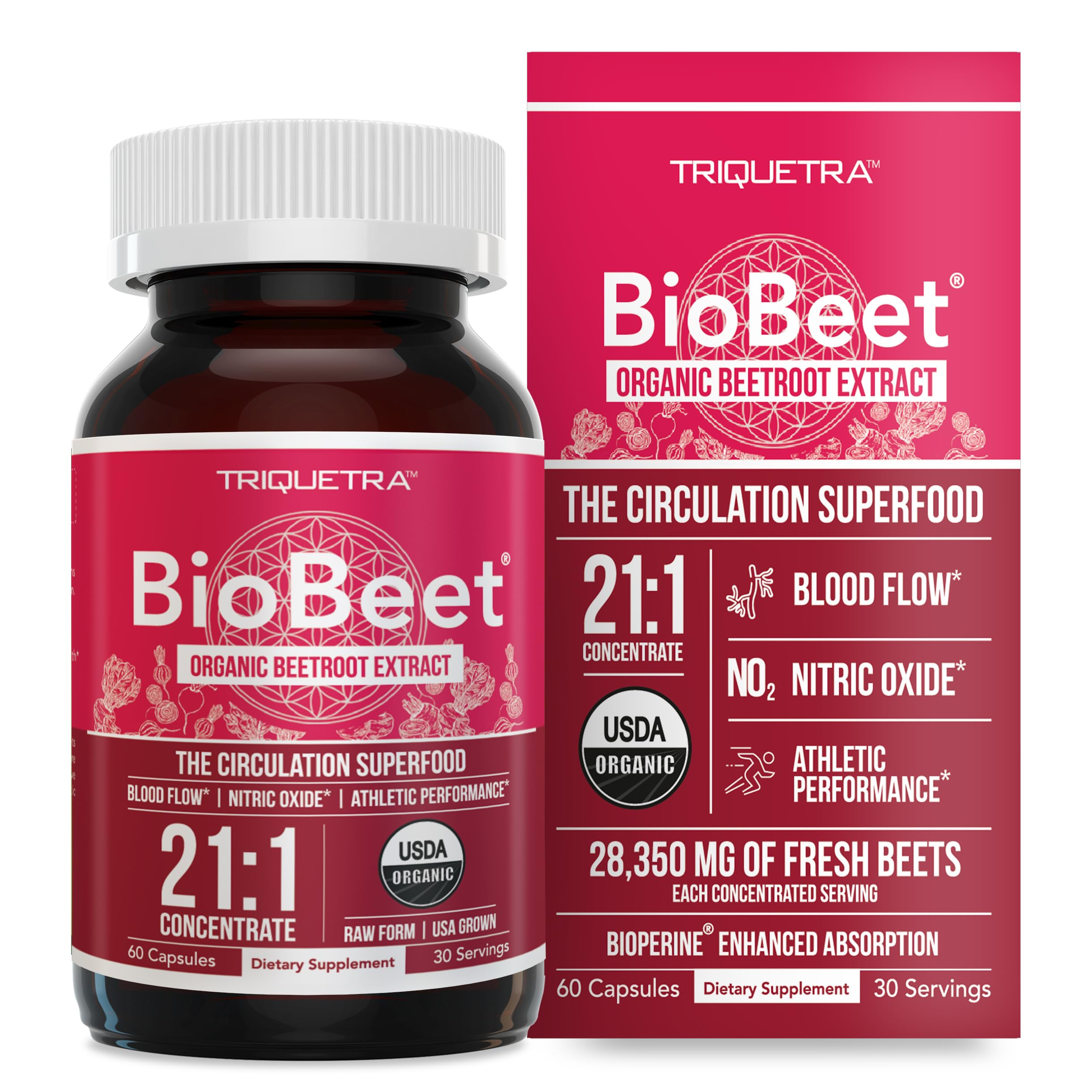 BioBeet® Max Strength Beet Root Capsules - 21:1 Concentrate, Each Serving Derived from 28,350 mg Organic Beetroot - Absorption Enhancement Triquetra Health buy supplements canada