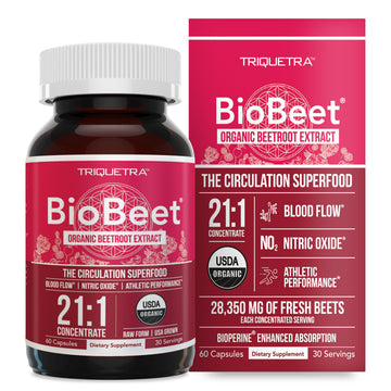 BioBeet® Max Strength Beet Root Capsules - 21:1 Concentrate, Each Serving Derived from 28,350 mg Organic Beetroot - Absorption Enhancement Triquetra Health buy supplements canada
