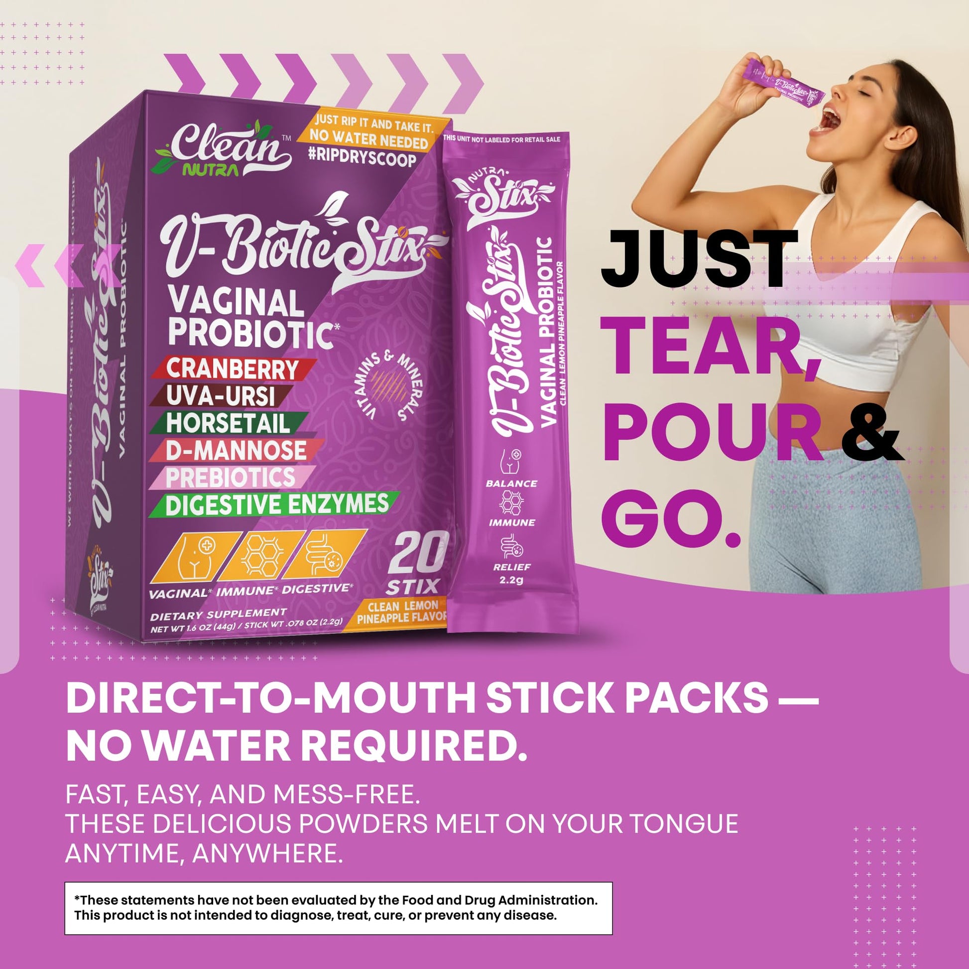 Clean Nutraceuticals Vaginal Probiotics for Women with Cranberry Extract, D-Mannose, Prebiotics, pH Balance for Women, Vaginal Health – Womens Probiotic Alternative to Gummies - 20 Stix Clean Nutraceuticals buy supplements canada