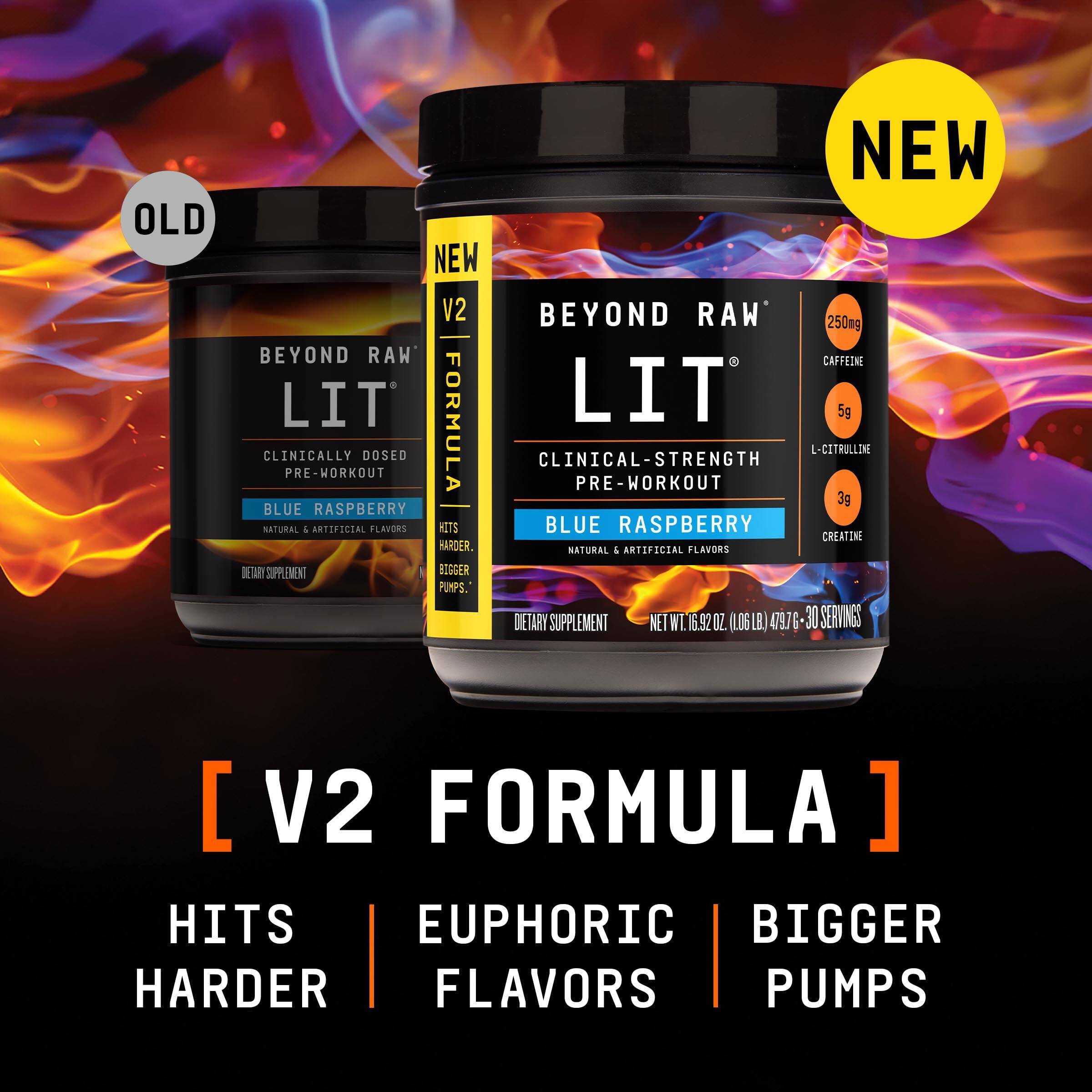 BEYOND RAW LIT V2 Clinical Strength Pre Workout Powder, Hits Harder, Bigger Pumps, Caffeine, L-Citrulline, Creatine, Blue Raspberry, 30 Servings BEYOND RAW buy supplements canada