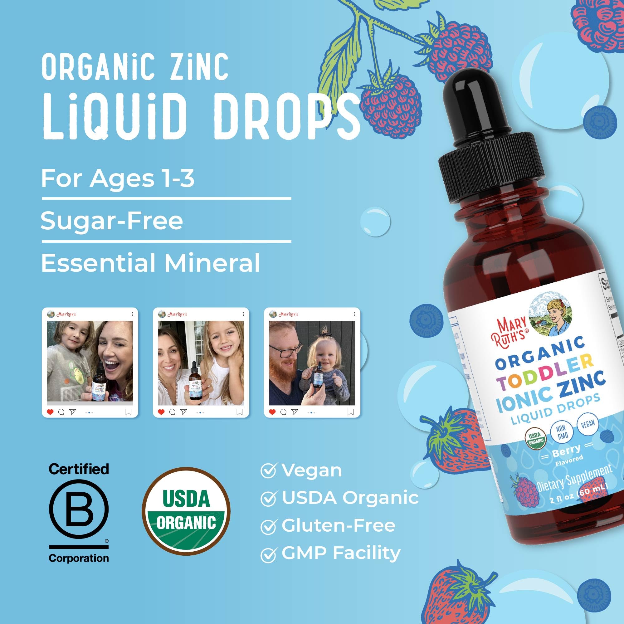 MaryRuth Organics USDA Toddler Liquid Drops | Zinc Sulfate | Immune Support Supplement| Skin Health | Vegan | Formulated for Ages 1-3 | Delicious Berry Flavor | 1 Month Supply | 2 Fl Oz MARYRUTH'S buy supplements canada