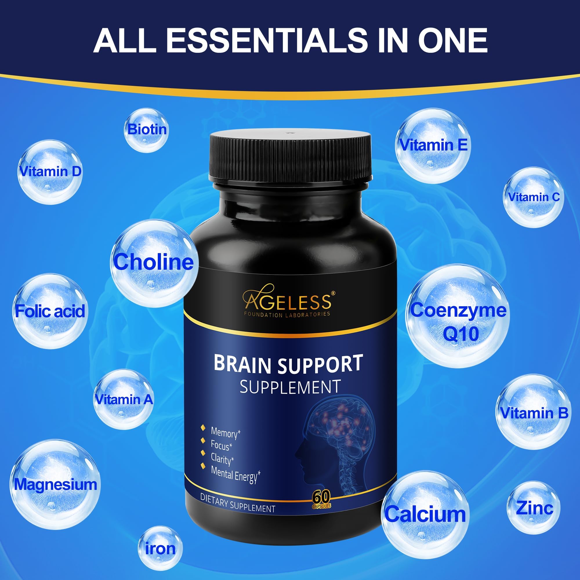 Ageless Brain Supplements for Memory and Focus 1000 MG | Cognitive Improvement | Formulated with Clinically Studied Ingredients | Support Mental Clarity & Neuro Health | Vitamin B6, B12, 60 Capsules Ageless Foundation Laboratories buy supplements canada