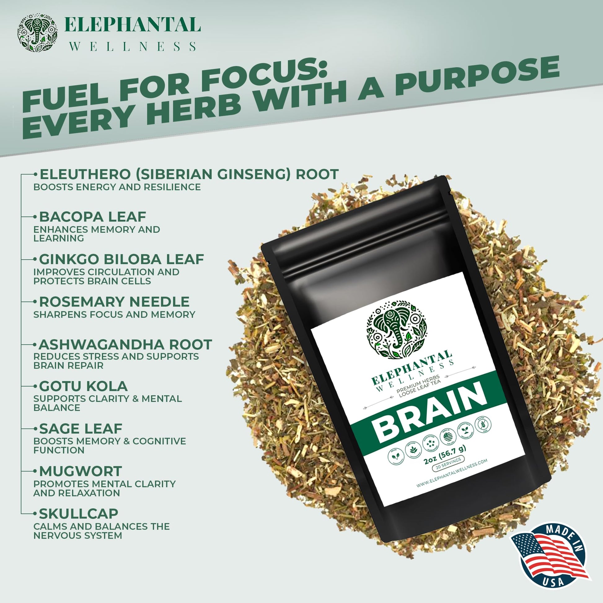 Elephantal Wellness Premium Brain Herbal Tea | Nootropic Focus & Mental Clarity with Ginkgo, Bacopa, Gotu Kola & Rosemary | Non-GMO, Caffeine-Free Coffee Alternative, Handmade Loose Leaf Blend, 2oz Loose Leaf, 20 Servings Elephantal Wellness buy supplements canada