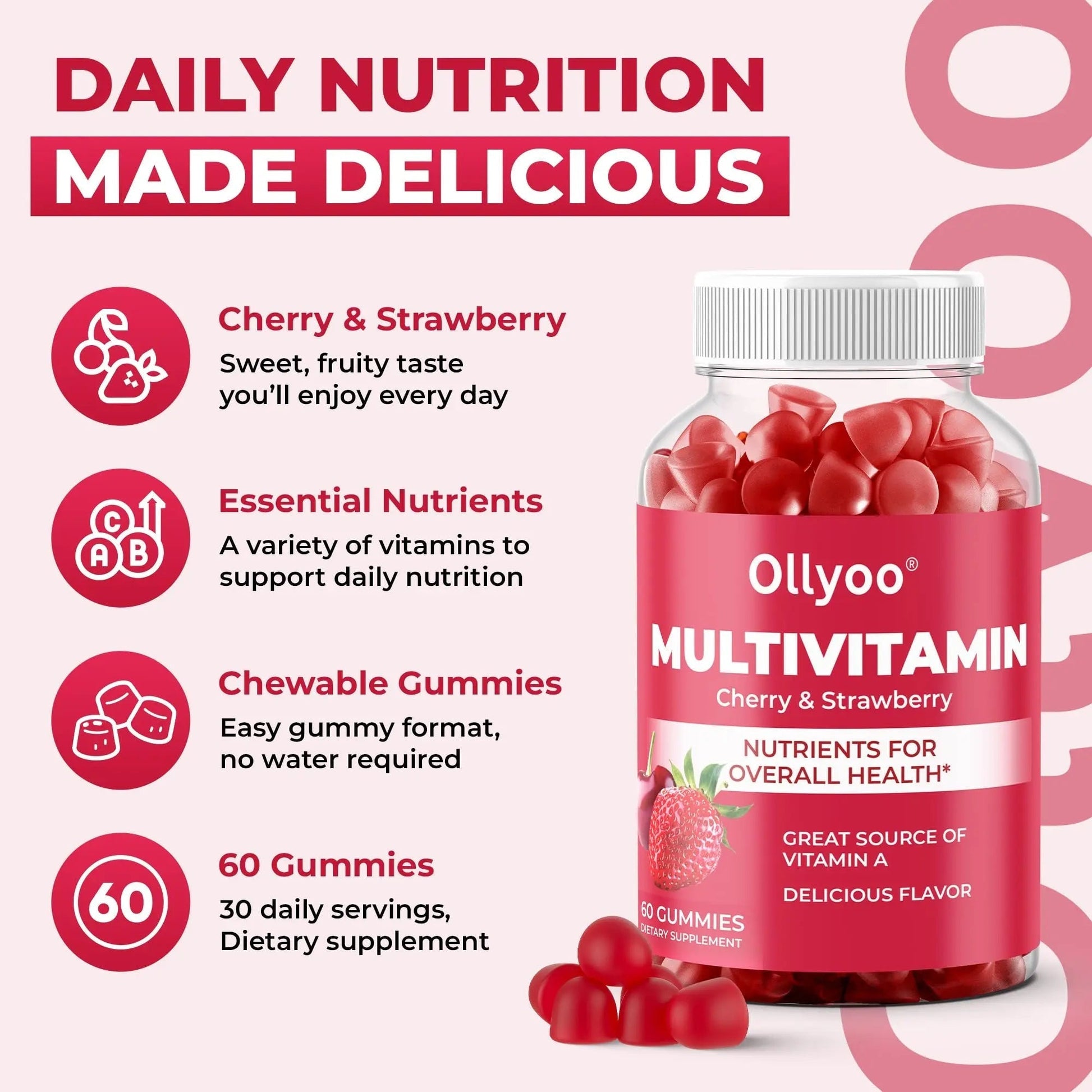Ollyoo Multivitamin Gummies for Adults | Cherry & Strawberry Flavor | Great Source of Vitamin A & Essential Nutrients | Ollyoo buy supplements canada