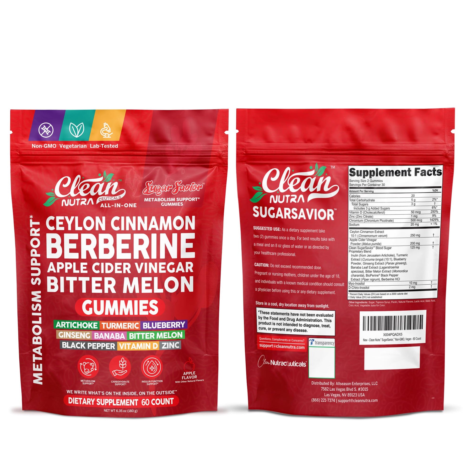 Sugar Savior Ceylon Cinnamon Berberine Gummies Apple Cider Vinegar Artichoke Turmeric Blueberry Ginseng Banaba Bitter Melon Black Pepper Vitamin D Zinc GLP1 Gummies 60 Count by Clean Nutra Clean Nutraceuticals buy supplements canada