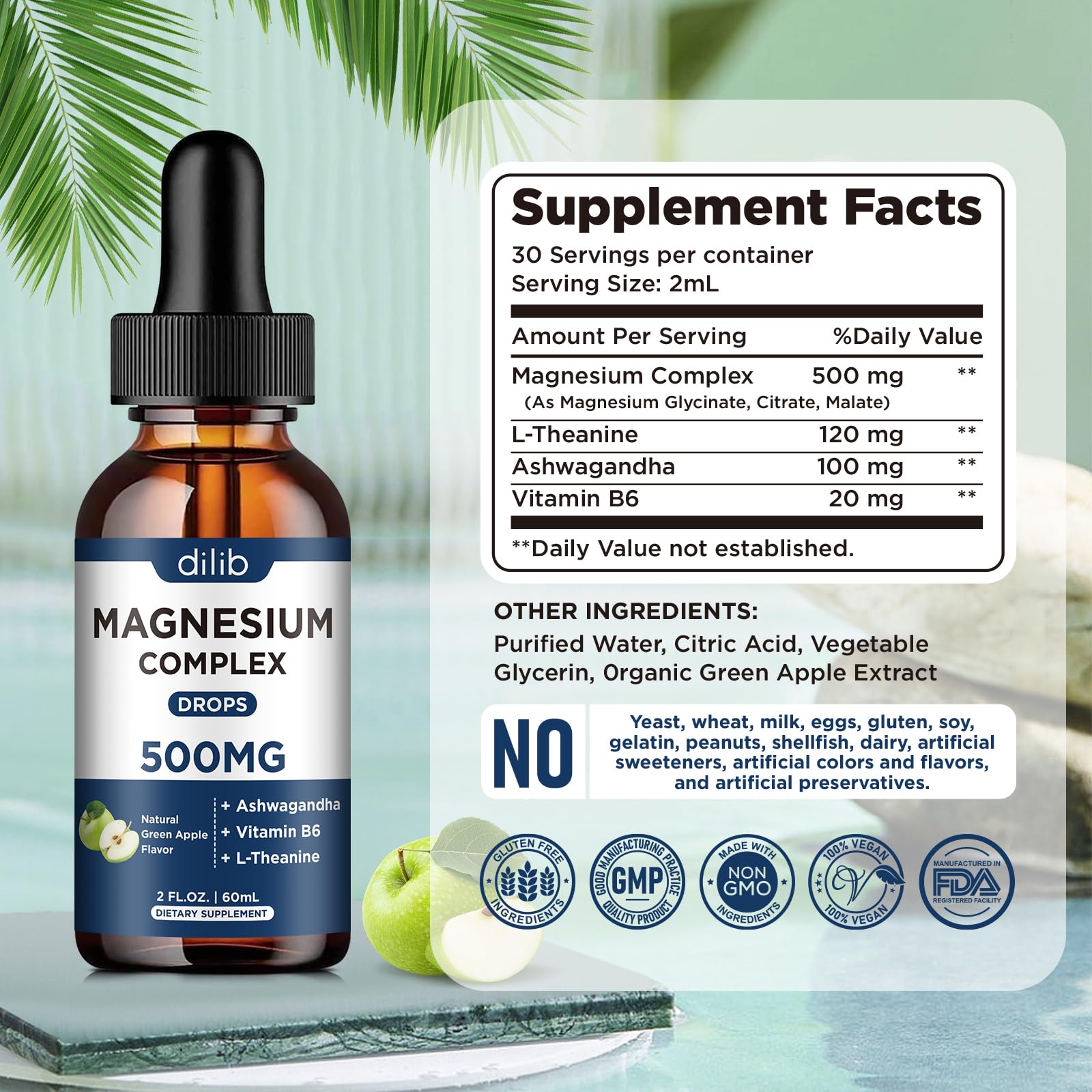 Triple Magnesium Complex Supplement-Magnesium Glycinate, Citrate, Malate Liquid Drops 500mg with Ashwagandha, L-Theanine, B6 for Calm, Stress Relief, Sleep, Muscle Support-Green Apple Flavor dilib buy supplements canada