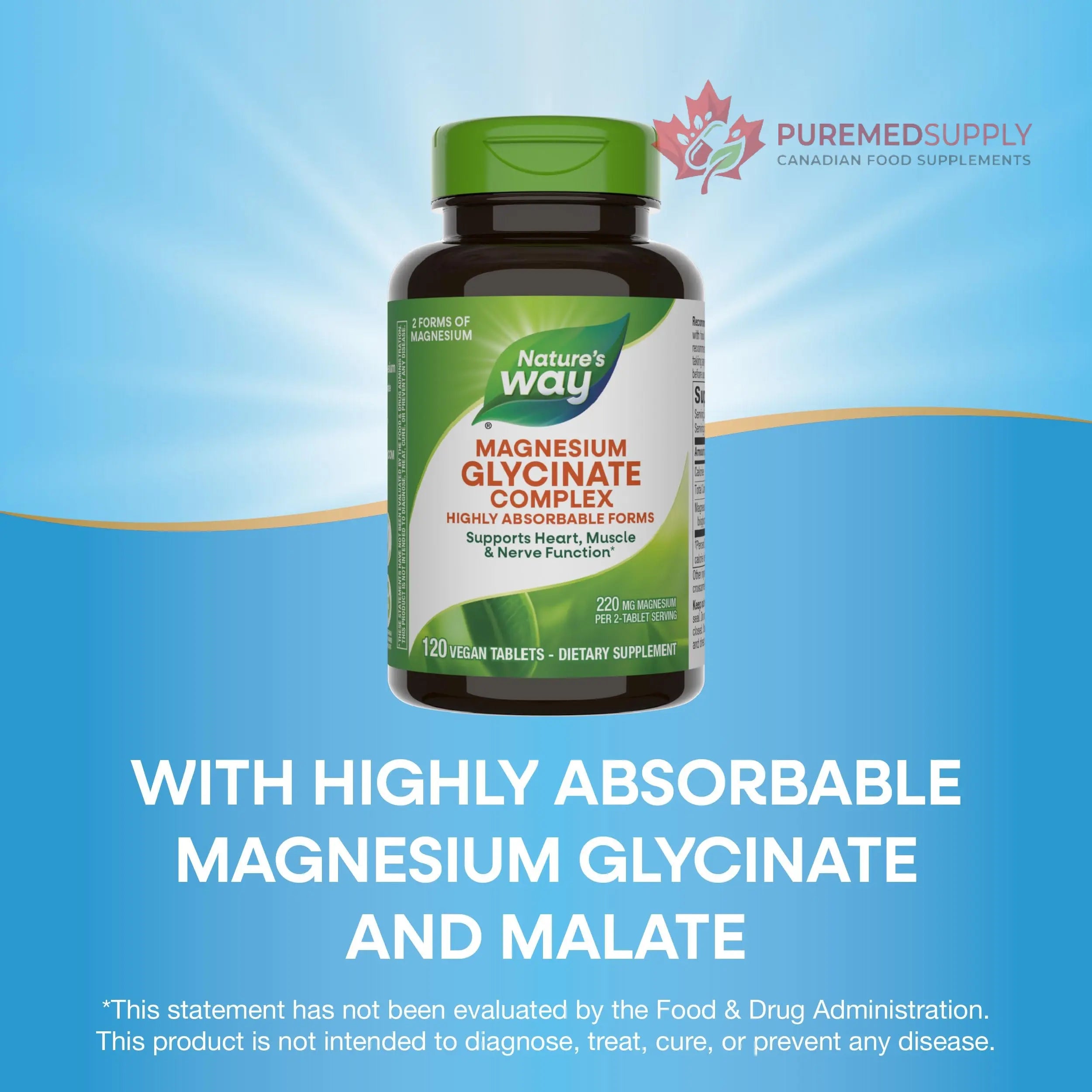 Nature's Way Magnesium Glycinate Complex, Supports Heart, Muscle, Nerve Function*, Highly Absorbable, 220 mg per 2-Tablet Serving, No Gluten, Vegan, 120 Tablets Nature's Way buy supplements canada