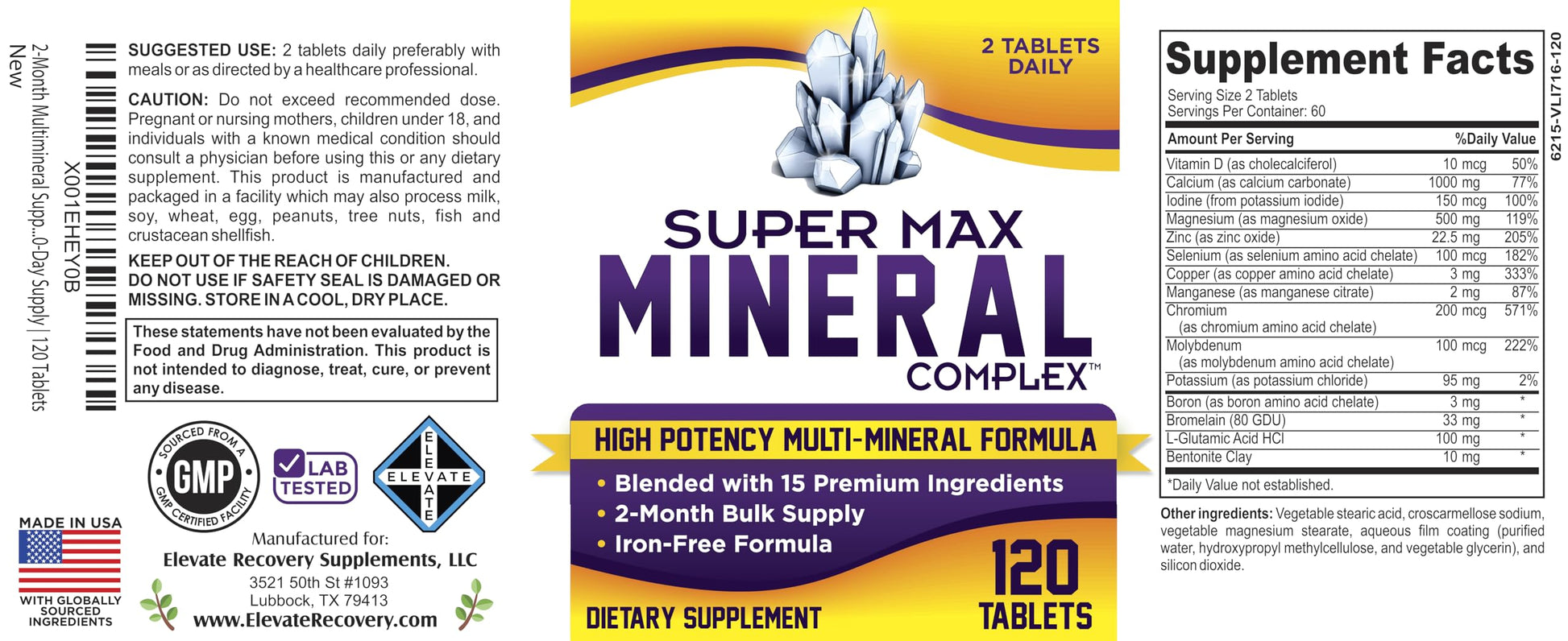 2-Month Multimineral Supplement Support Iron-Free Formula | Daily Multiminerals | Multi-Mineral Supplements | Minerals Complex | 60-Day Bulk Supply | 120 Tablets Elevate Recovery Supplements buy supplements canada