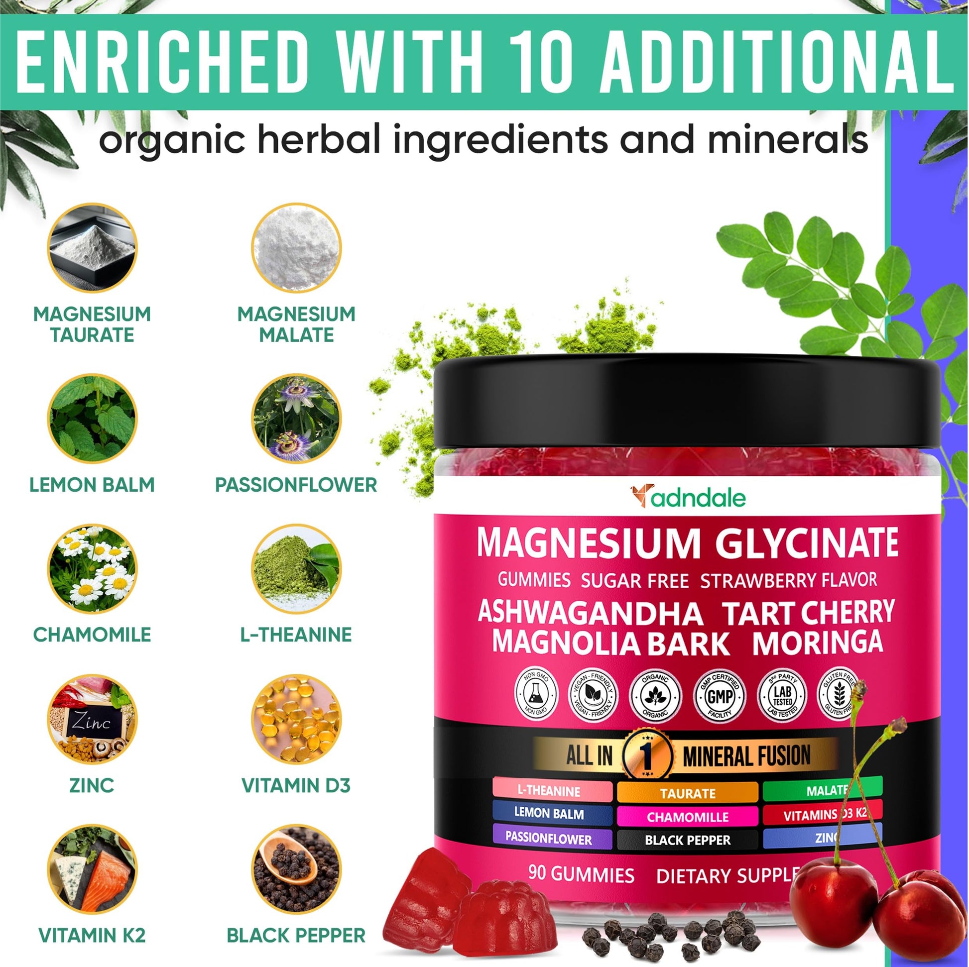 Adndale Magnesium Glycinate 400 mg Gummies with Ashwagandha, Magnesium Malate & Taurate, Tart Cherry, Magnolia Bark, Lemon Balm, Passionflower Adndale buy supplements canada
