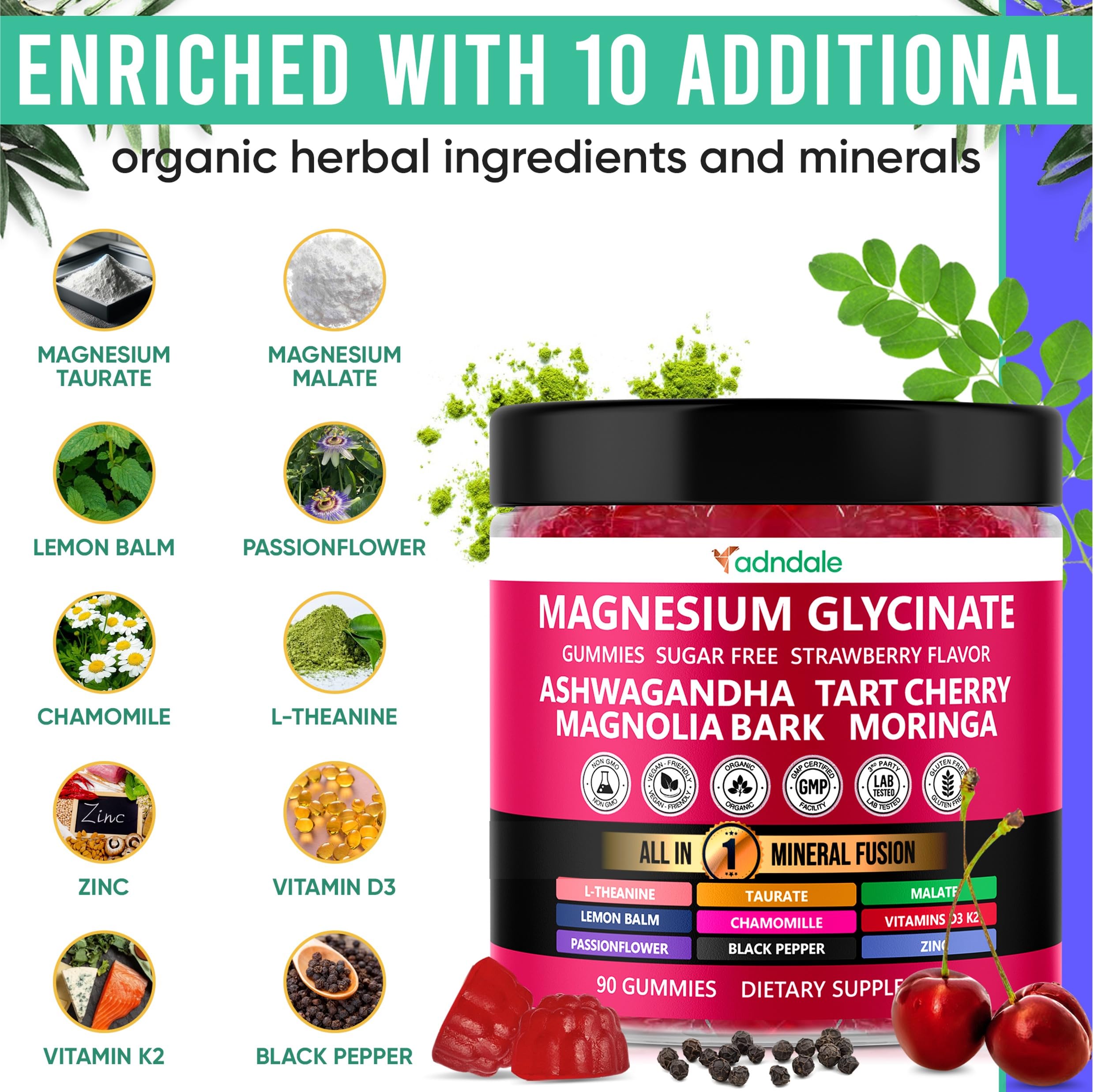 Adndale Magnesium Glycinate 400 mg Gummies with Ashwagandha, Magnesium Malate & Taurate, Tart Cherry, Magnolia Bark, Lemon Balm, Passionflower Adndale buy supplements canada