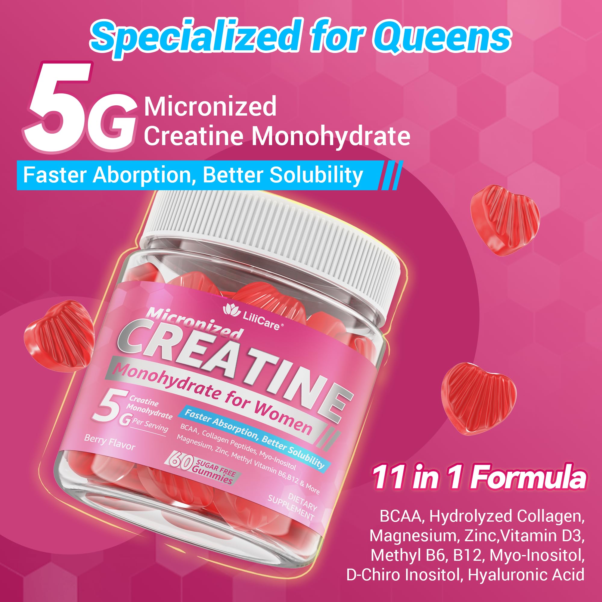 Creatine for Women Gummies, Micronized Creatine Monohydrate + Myo-Inositol, Collagen Peptides, BCAAs, Hyaluronic Acid, Vitamin B6 B12, Zinc for Enërgy, Föcus, Hörmonal Balance, Sugar Free, 120 Counts LILICARE buy supplements canada