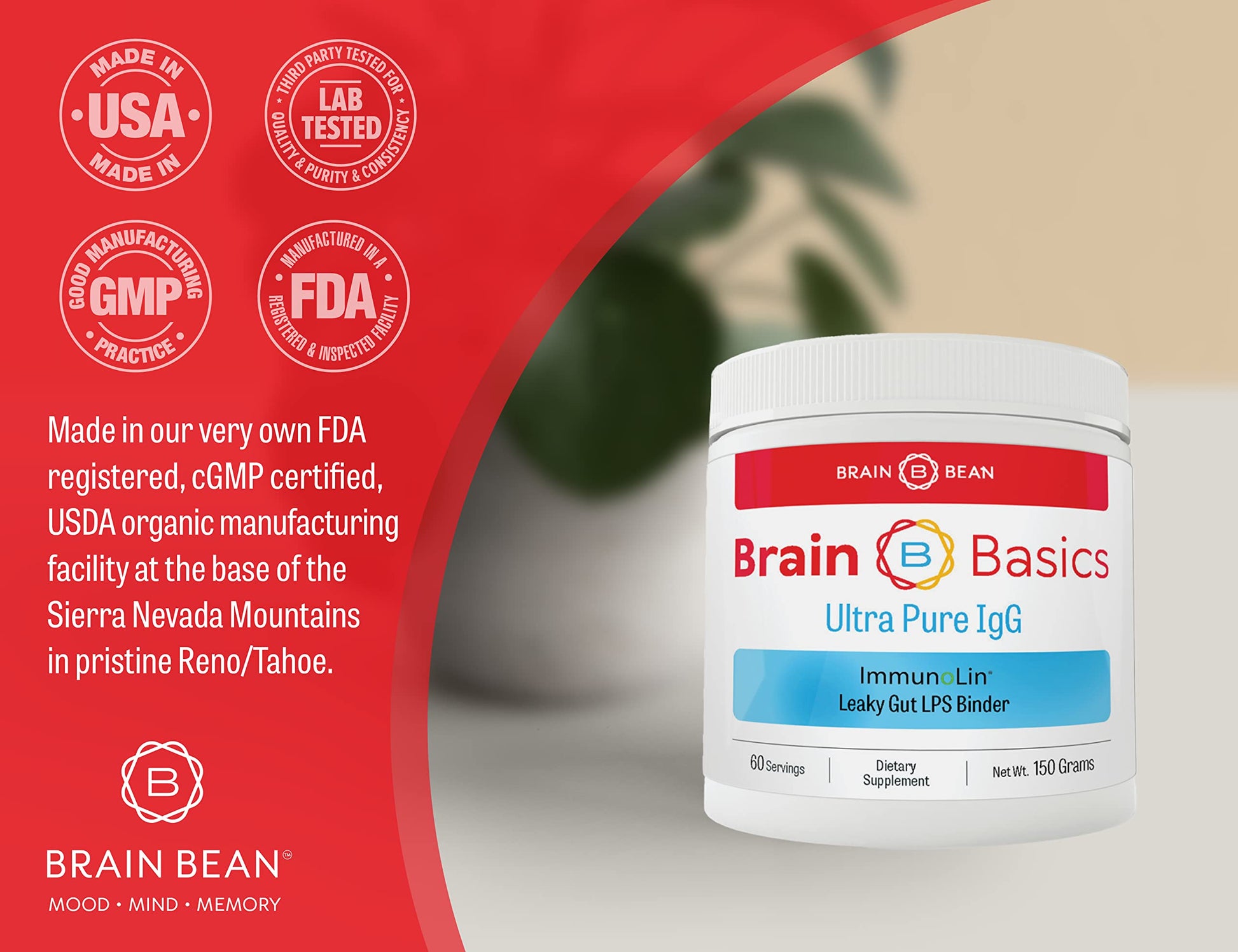Brain Basics Ultra Pure IgG Supplement - Dairy-Free Supplement IgG-Immunolin Powder, Blended Vitamin & Mineral Supplements, 150g, 60 Servings Brain Bean buy supplements canada