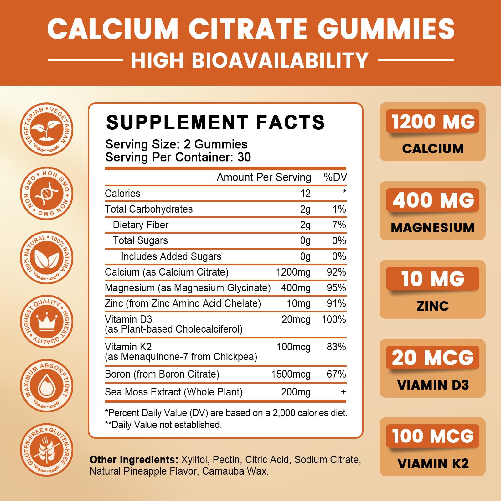 GONGOTA Calcium Citrate 1200mg with Vitamin D3 Gummies, Chewable Calcium for Bone, Muscle, Joints, Immune Support, Calcium Supplements for Women & Men,Sugar Free, Pineapple Flavor - 120 Gummies GONGOTA buy supplements canada