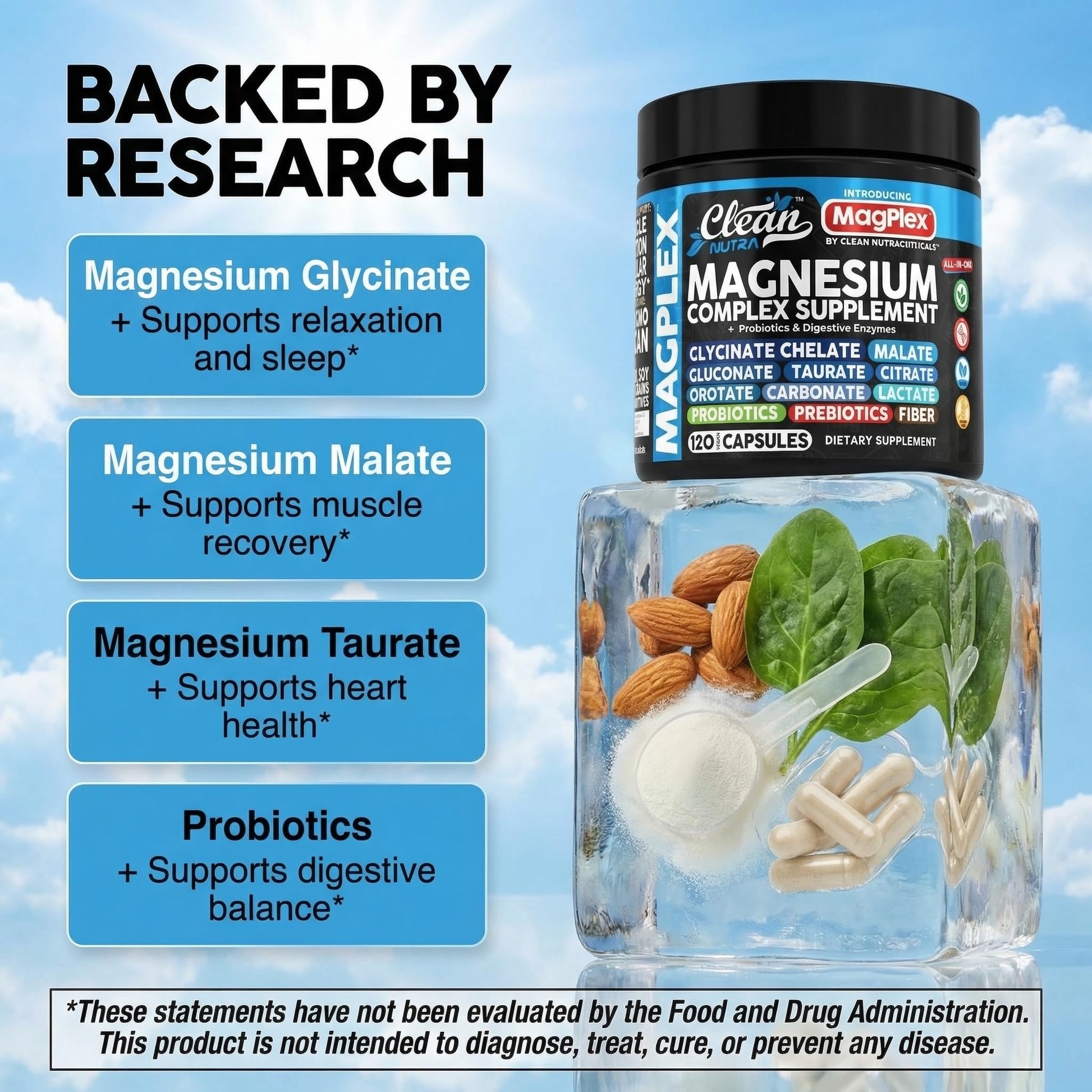 8in1 Magnesium Supplement Complex | Magnesium Glycinate Citrate Malate Gluconate Orotate Carbonate Lactate + Prebiotics Probiotics Digestive Enzymes Magnesio Clean Nutraceuticals buy supplements canada