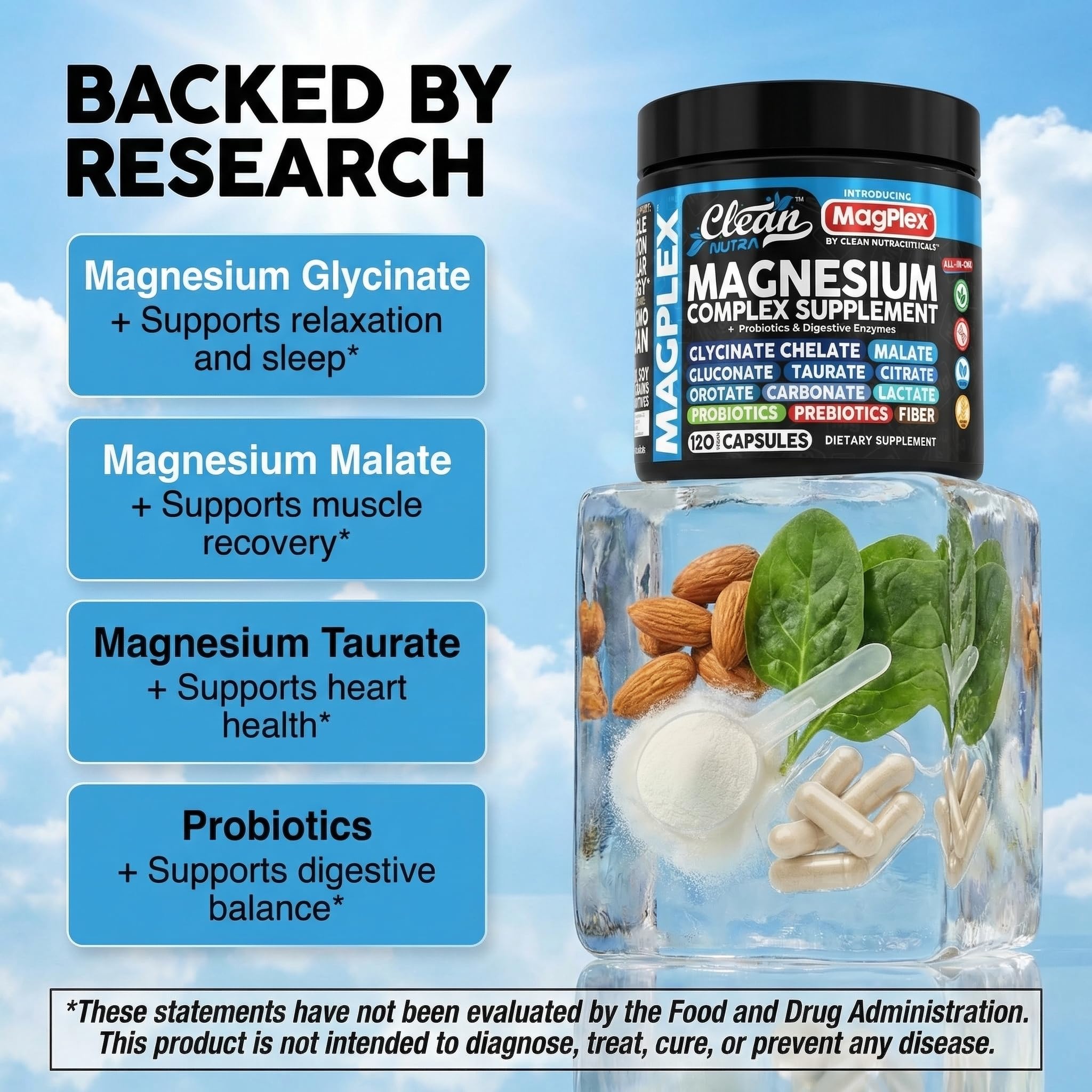 8in1 Magnesium Supplement Complex | Magnesium Glycinate Citrate Malate Gluconate Orotate Carbonate Lactate + Prebiotics Probiotics Digestive Enzymes Magnesio Clean Nutraceuticals buy supplements canada