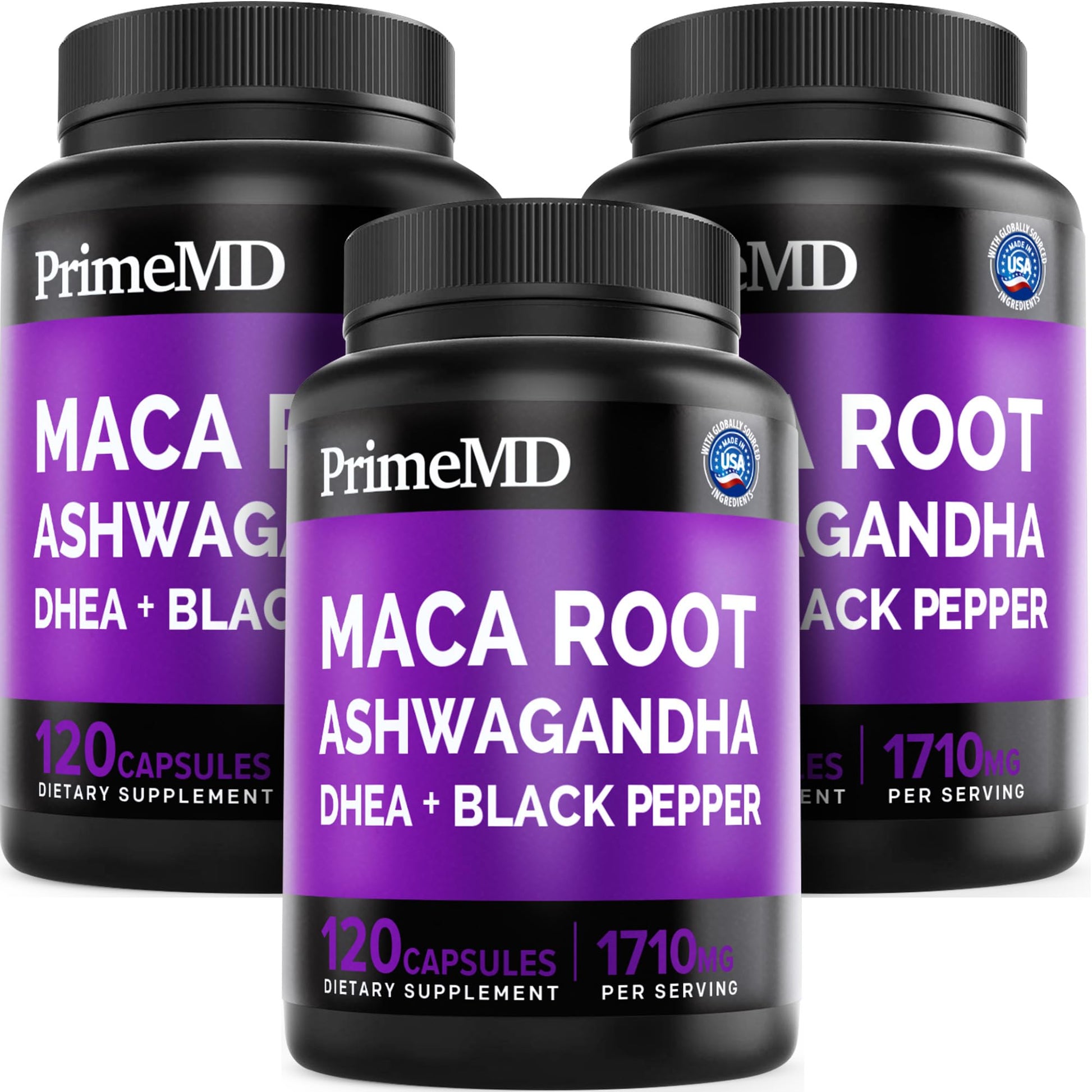 6-in-1 Organic Maca Root Ashwagandha Capsules 1710mg with DHEA and Black Pepper Fruit Extract for Women and Men - Black Maca Supplement for Stamina, Bone and Mood Support Supplement, 120ct (Pack of 3) PrimeMD buy supplements canada