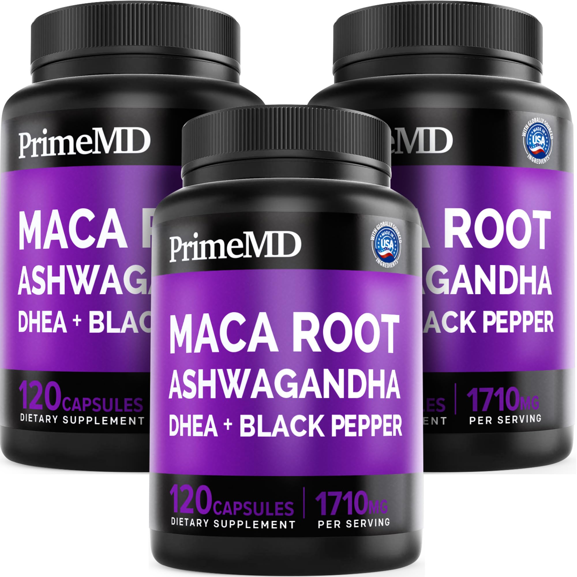 6-in-1 Organic Maca Root Ashwagandha Capsules 1710mg with DHEA and Black Pepper Fruit Extract for Women and Men - Black Maca Supplement for Stamina, Bone and Mood Support Supplement, 120ct (Pack of 3) PrimeMD buy supplements canada