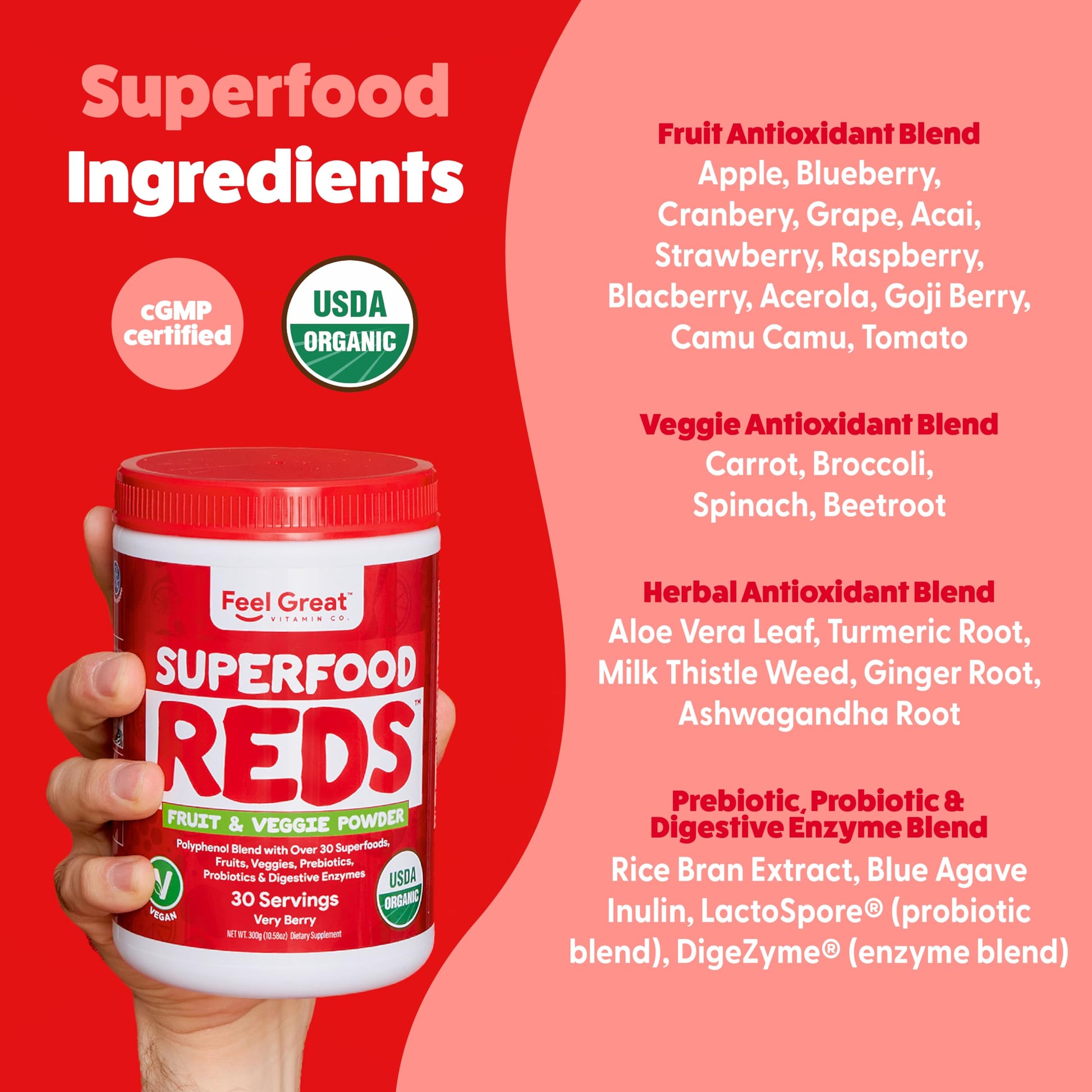 Feel Great Organic Superfood Reds Powder Packed with Beet Root Powder | Digestive Support Including Bloating Relief | Fruit and Veggie Polyphenols Supplement. The Feel Great Vitamin Company buy supplements canada
