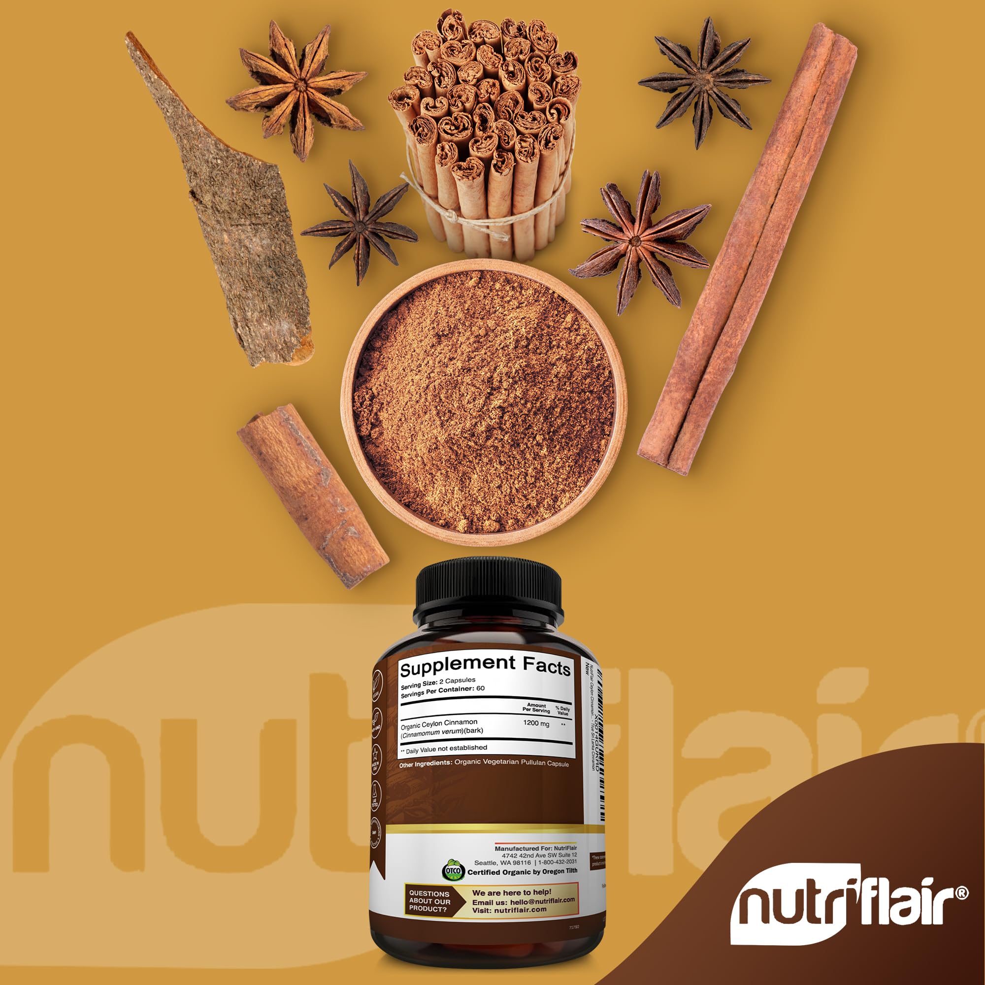 NutriFlair Organic Ceylon Cinnamon Supplement 1200mg, 120 Capsules - USDA Certified - Non-GMO, Gluten Free Powder, Antioxidant Pills NutriFlair buy supplements canada