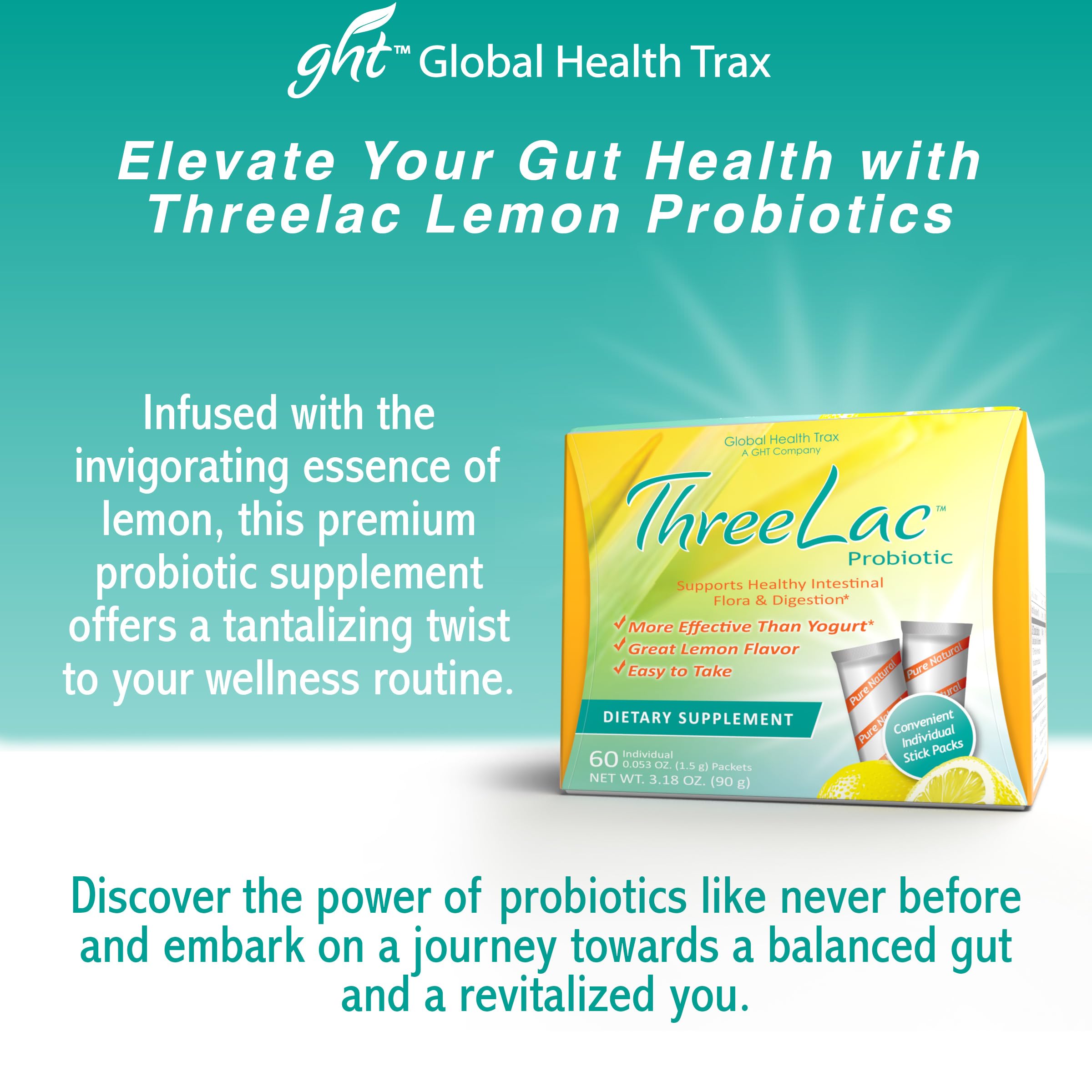 Global Health Trax ThreeLac Lemon Probiotic Drink Mix for Digestive Health - Advanced Probiotic Powder Formula for Men, Women, and Kids - Immune Support & Gut Balance, Non-GMO - 120 Packets ght Global Health Trax buy supplements canada
